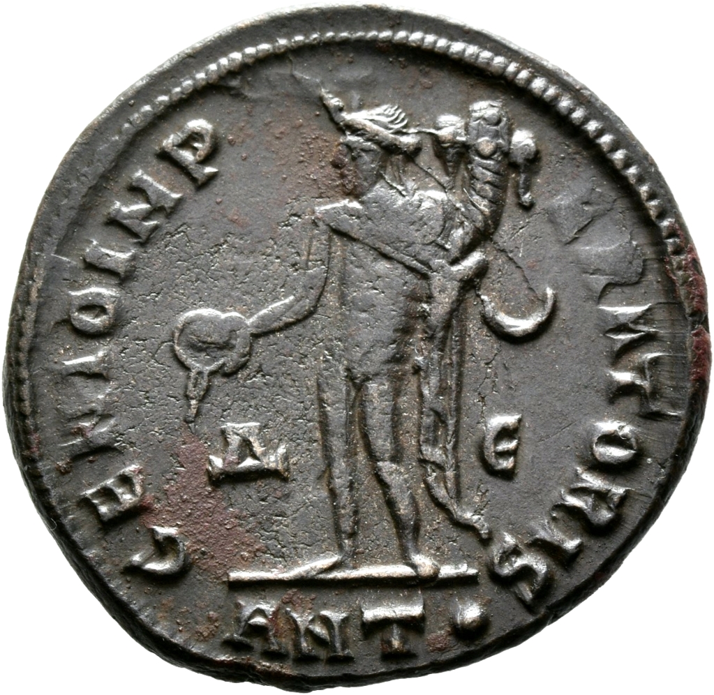 RIC VI Antioch 82 Maximinus Daia reverse, Genius, wearing modius, nude, chlamys draped over left shoulder, standing left, ...