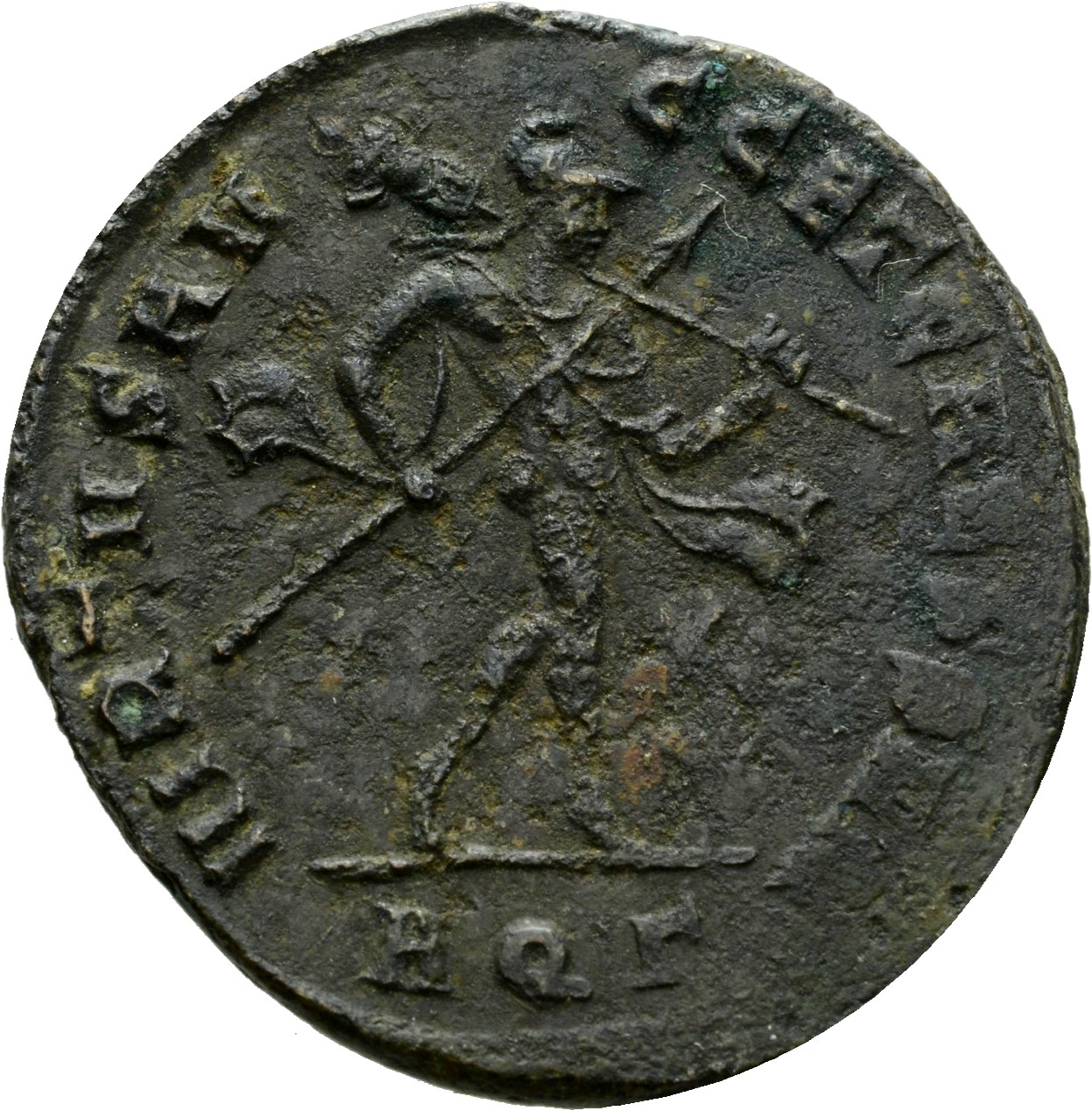 RIC VI Aquileia 100a Severus II reverse, Mars, helmeted, advancing right, holding transverse spear in right hand and troph...