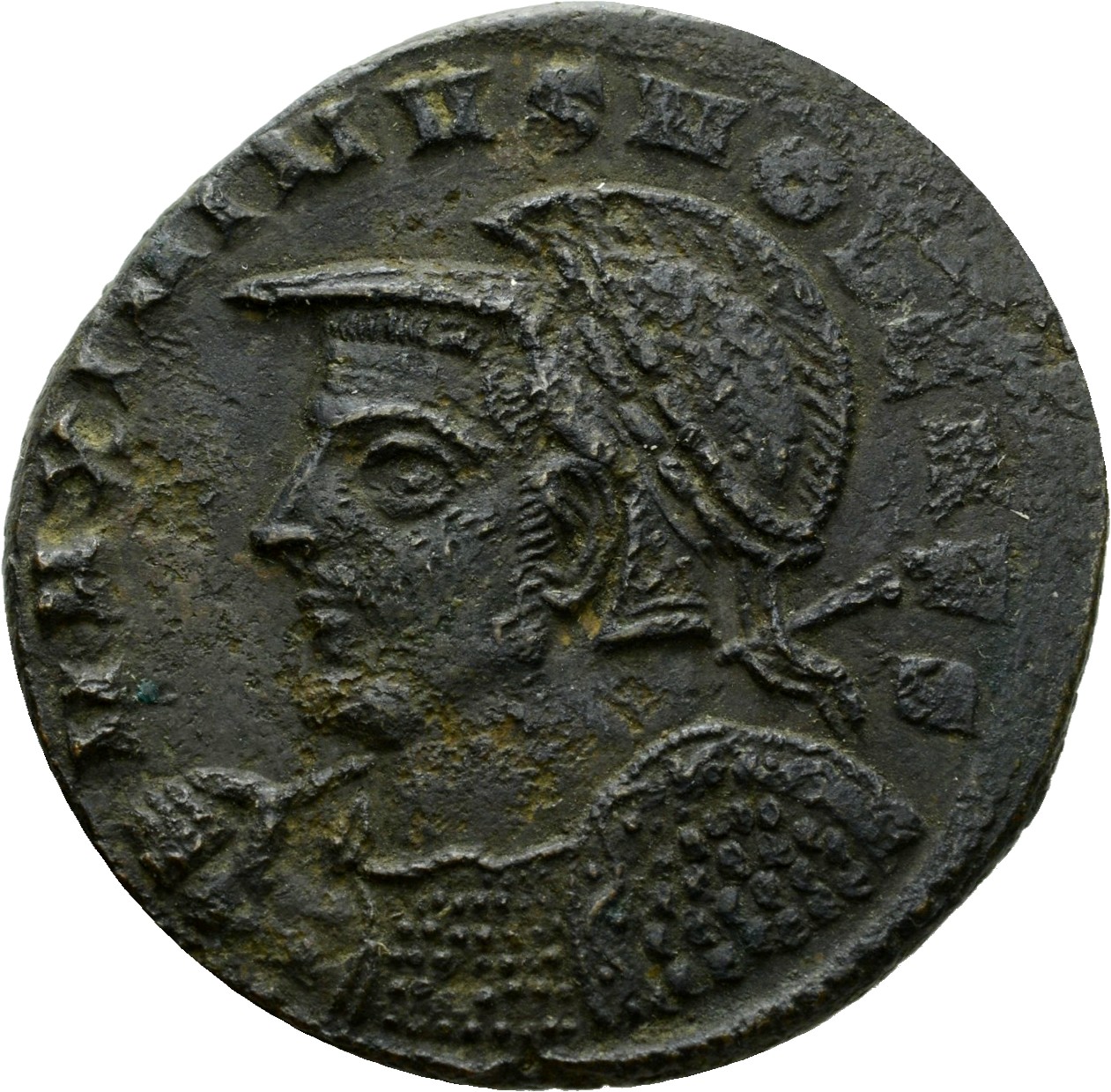 RIC VI Aquileia 100a Severus II obverse, Bust of Maximinus Daia, laureate, helmeted, cuirassed, left, holding spear (or sc...