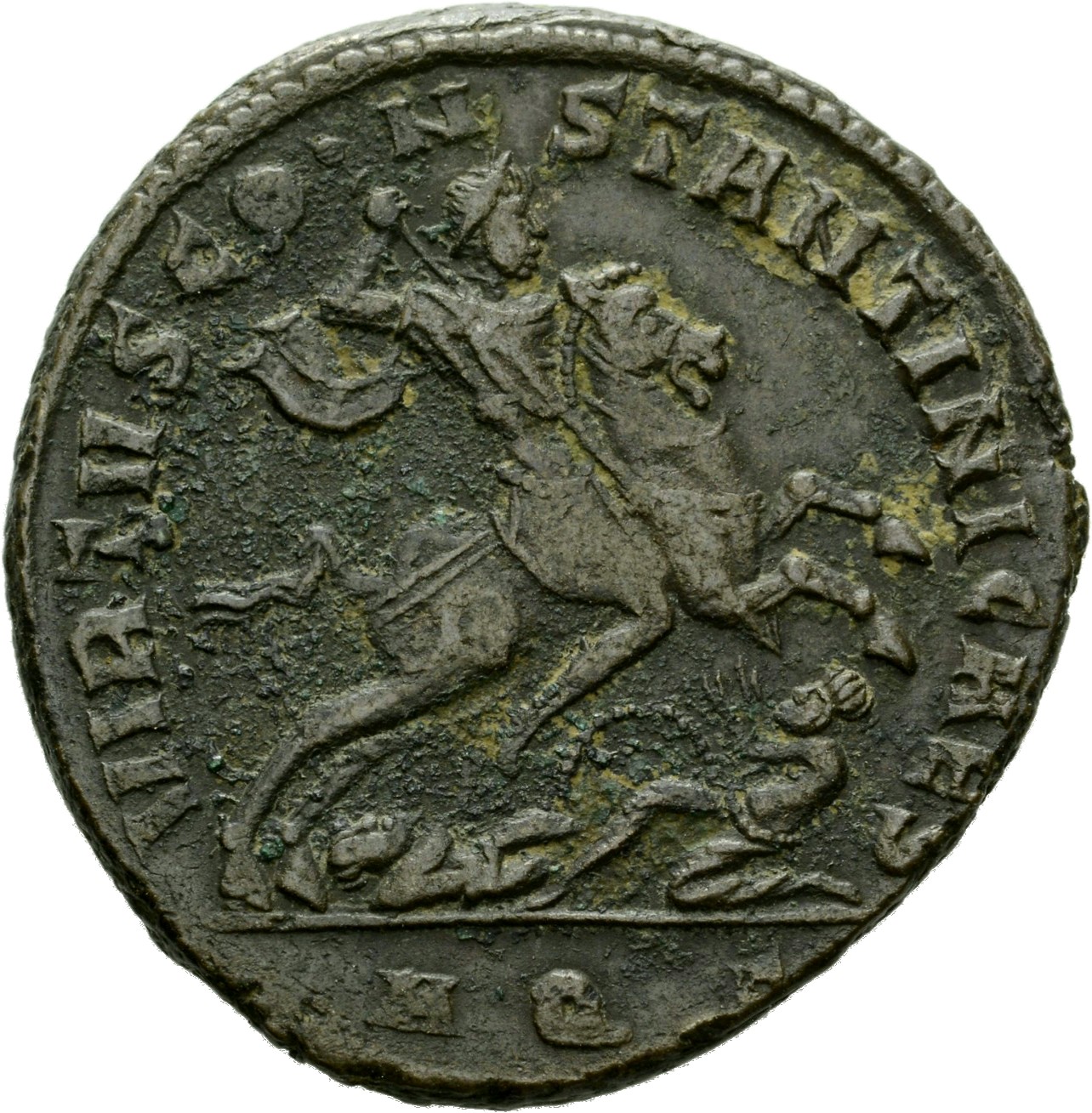 RIC VI Aquileia 108 Maxentius reverse, Constantine I, draped, cuirassed, galloping right, spearing kneeling enemy with rig...