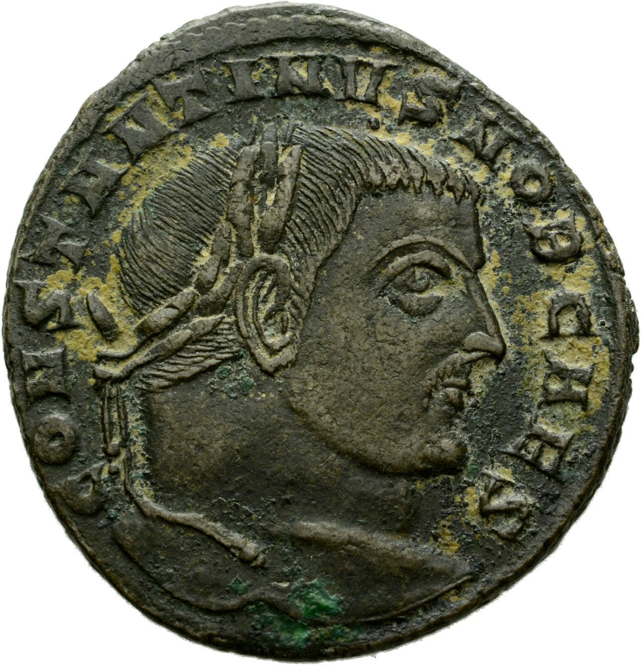 RIC VI Aquileia 108 Maxentius obverse, Head of Constantine I, laureate, right