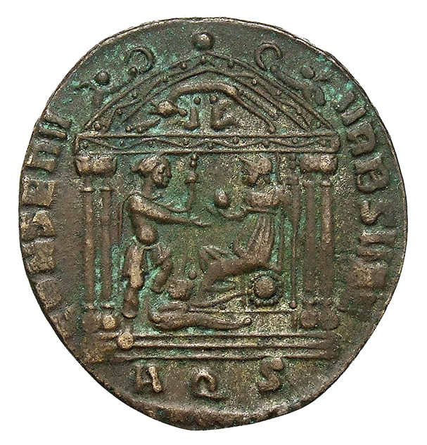 RIC VI Aquileia 113 Maxentius reverse, Roma, draped, seated left on shield, in tetrastyle temple, giving globe to Maxentiu...