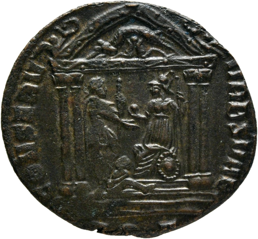 RIC VI Aquileia 113 Maxentius reverse — Roma, draped, seated left on shield, in tetrastyle temple, giving globe to Maxenti...