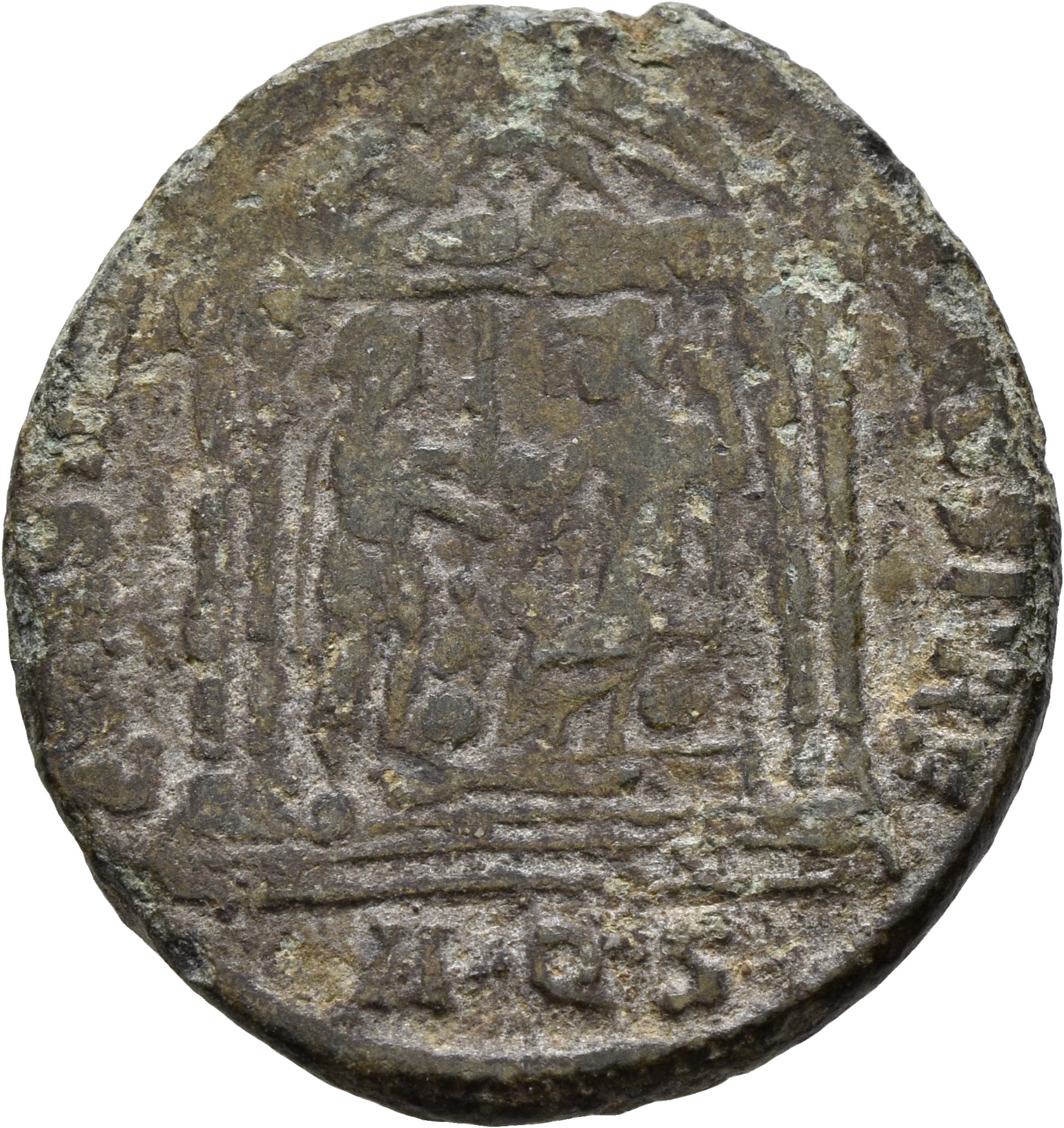 RIC VI Aquileia 115 Maxentius reverse, Roma, draped, seated left on shield, in tetrastyle temple, holding globe in right h...