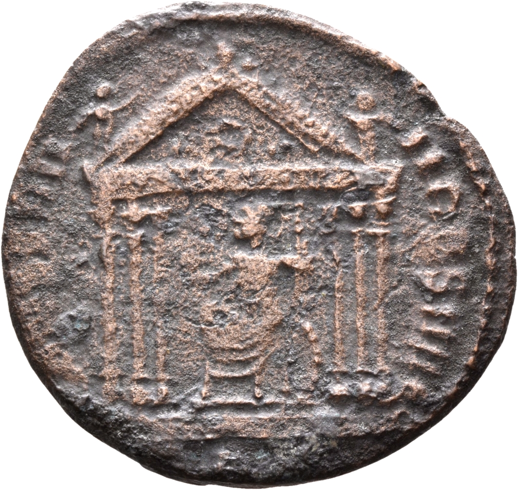 RIC VI Aquileia 116 Maxentius reverse, Roma, draped, seated front on shield, head left, in hexastyle temple, holding globe...
