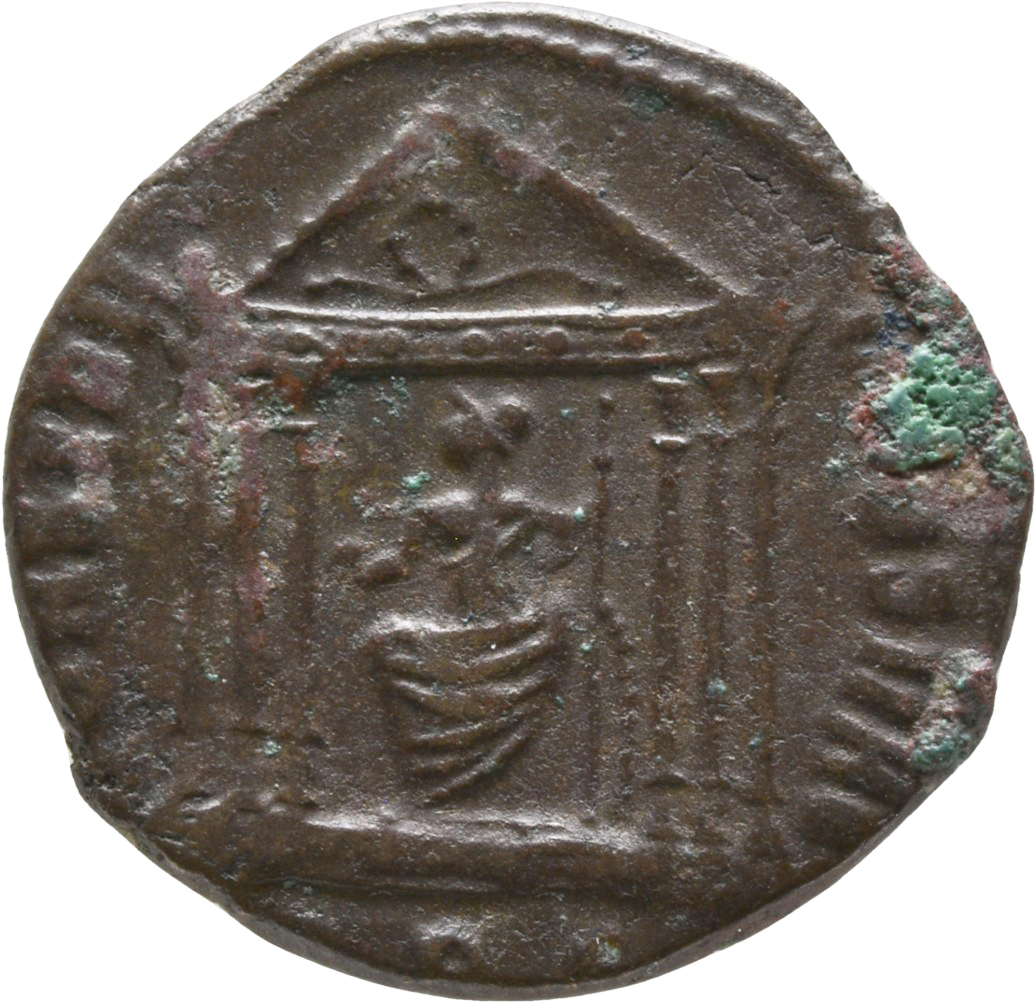 RIC VI Aquileia 116 Maxentius reverse — Roma, draped, seated front on shield, head left, in hexastyle temple, holding glob...