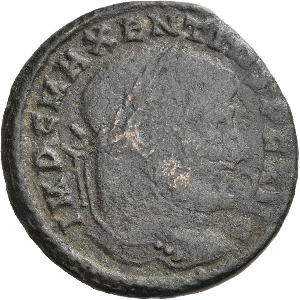 RIC VI Aquileia 121a Maxentius obverse, Head of Maxentius, laureate, right
