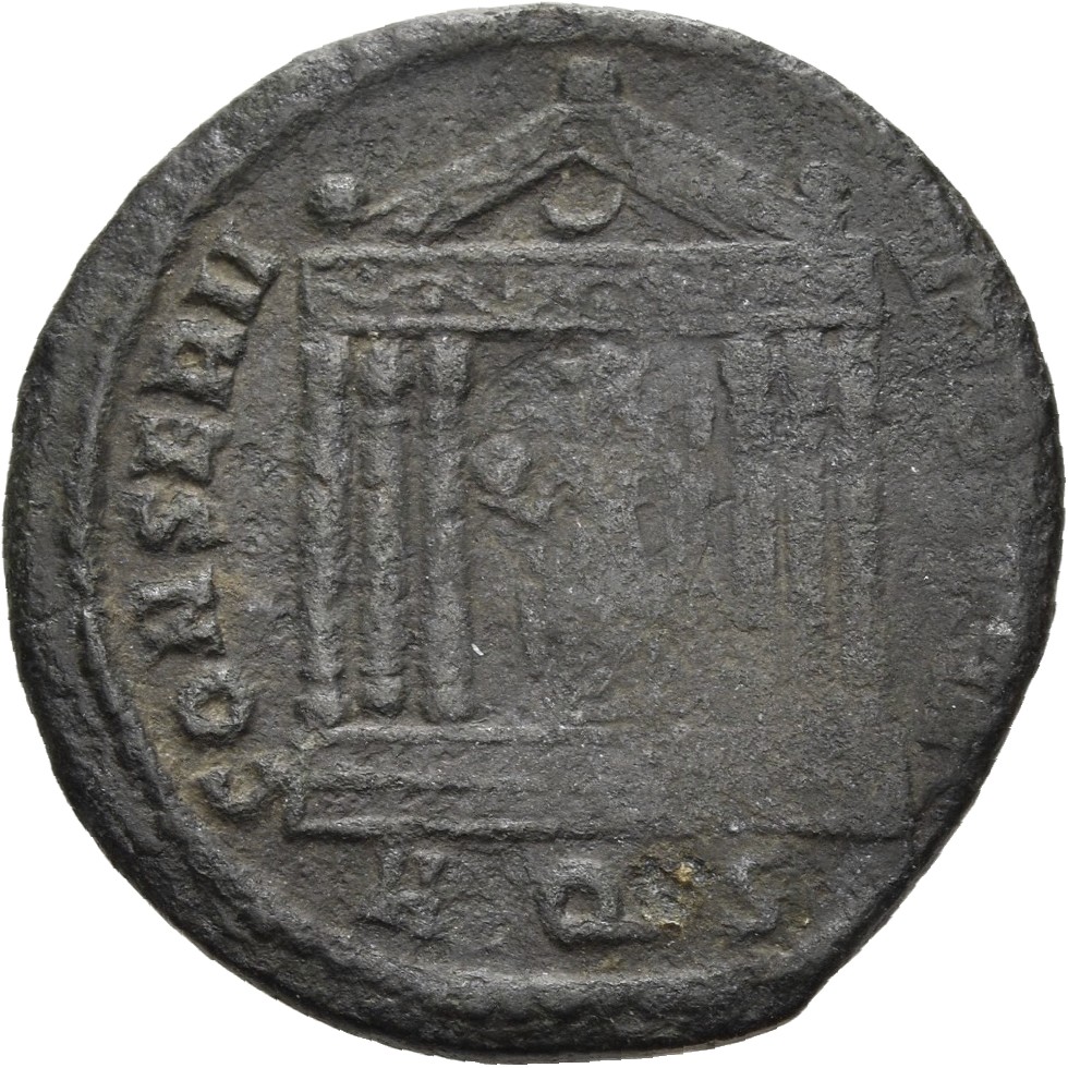 RIC VI Aquileia 121a Maxentius reverse, Roma, draped, seated front on shield, head left, in hexastyle temple, holding glob...