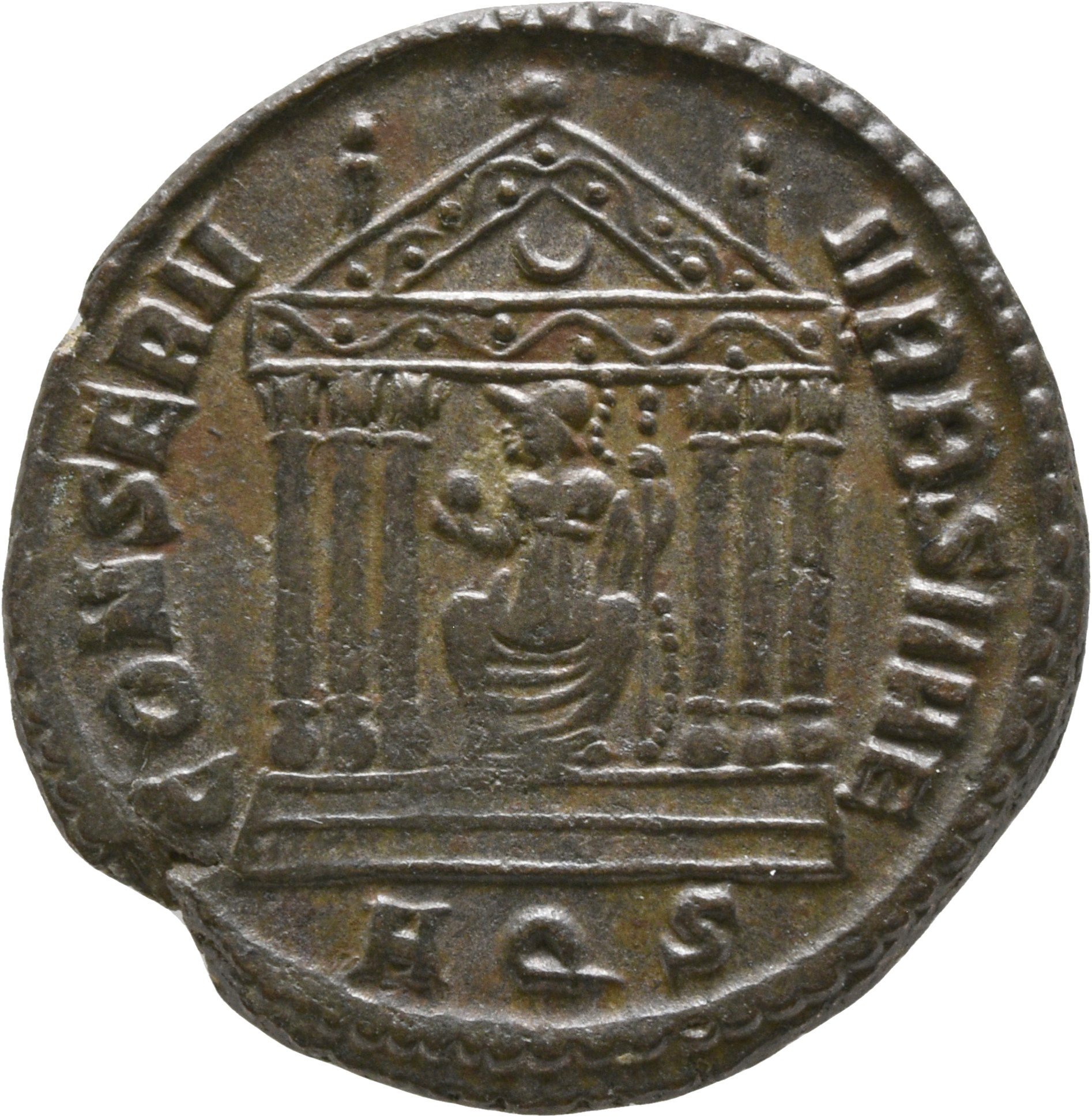 RIC VI Aquileia 121a Maxentius reverse — Roma, draped, seated front on shield, head left, in hexastyle temple, holding glo...