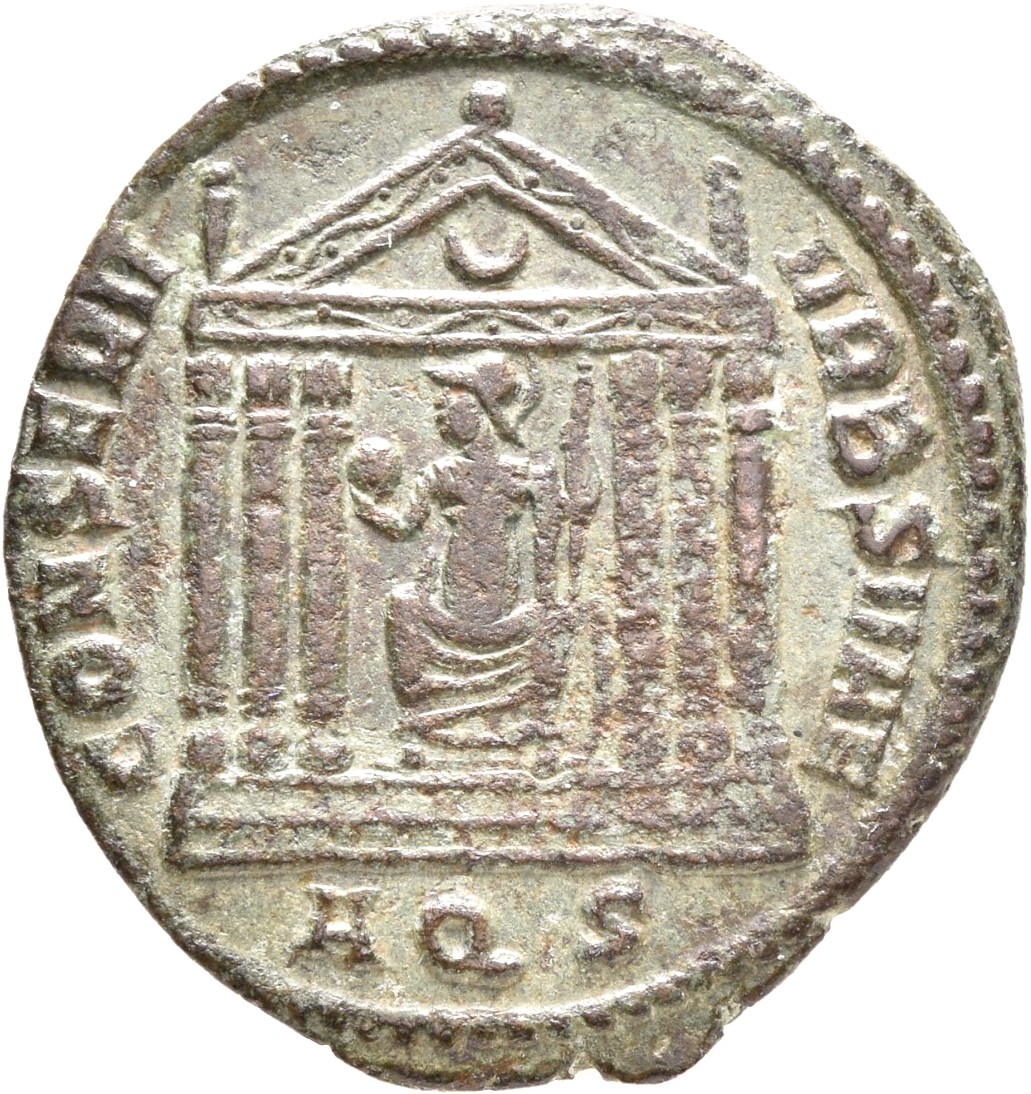 RIC VI Aquileia 121c Maxentius reverse, Roma, draped, seated front on shield, head left, in hexastyle temple, holding glob...