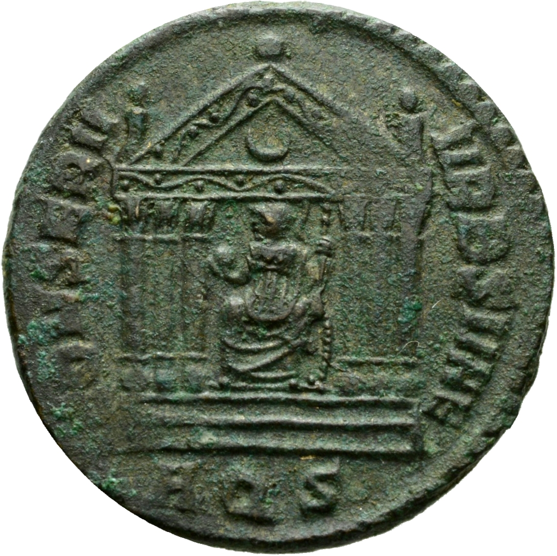 RIC VI Aquileia 124 Maxentius reverse, Roma, draped, seated front on shield, head left, in hexastyle temple, holding globe...