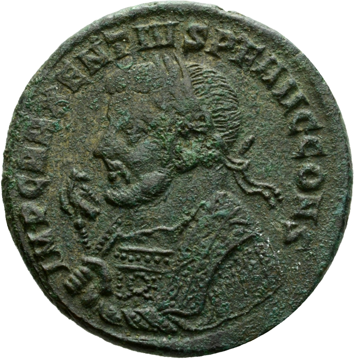 RIC VI Aquileia 124 Maxentius obverse, Bust of Maxentius, laureate, wearing imperial mantle, left, holding eagle-tipped sc...