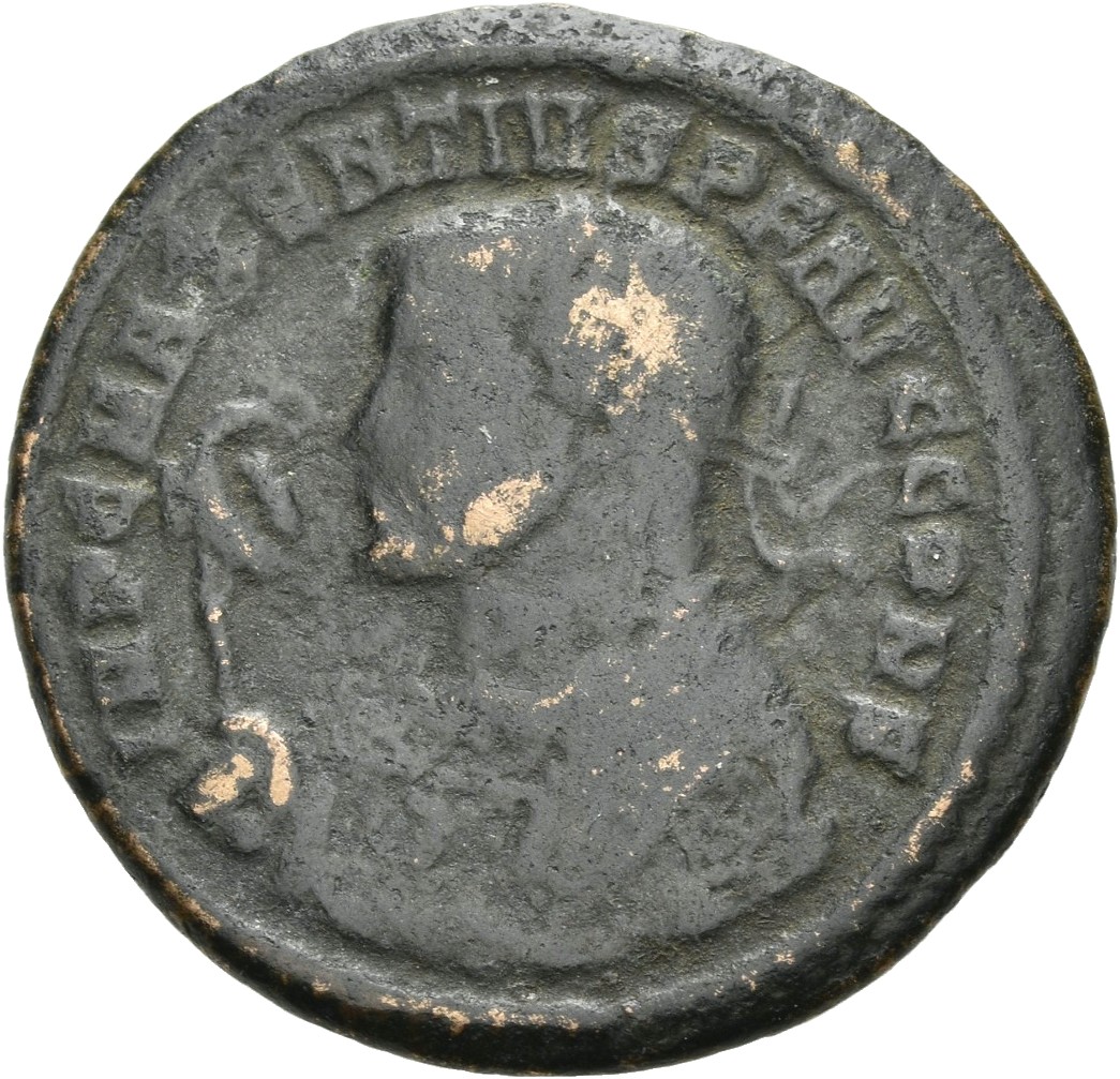 RIC VI Aquileia 124 Maxentius obverse — Bust of Maxentius, laureate, wearing imperial mantle, left, holding eagle-tipped s...