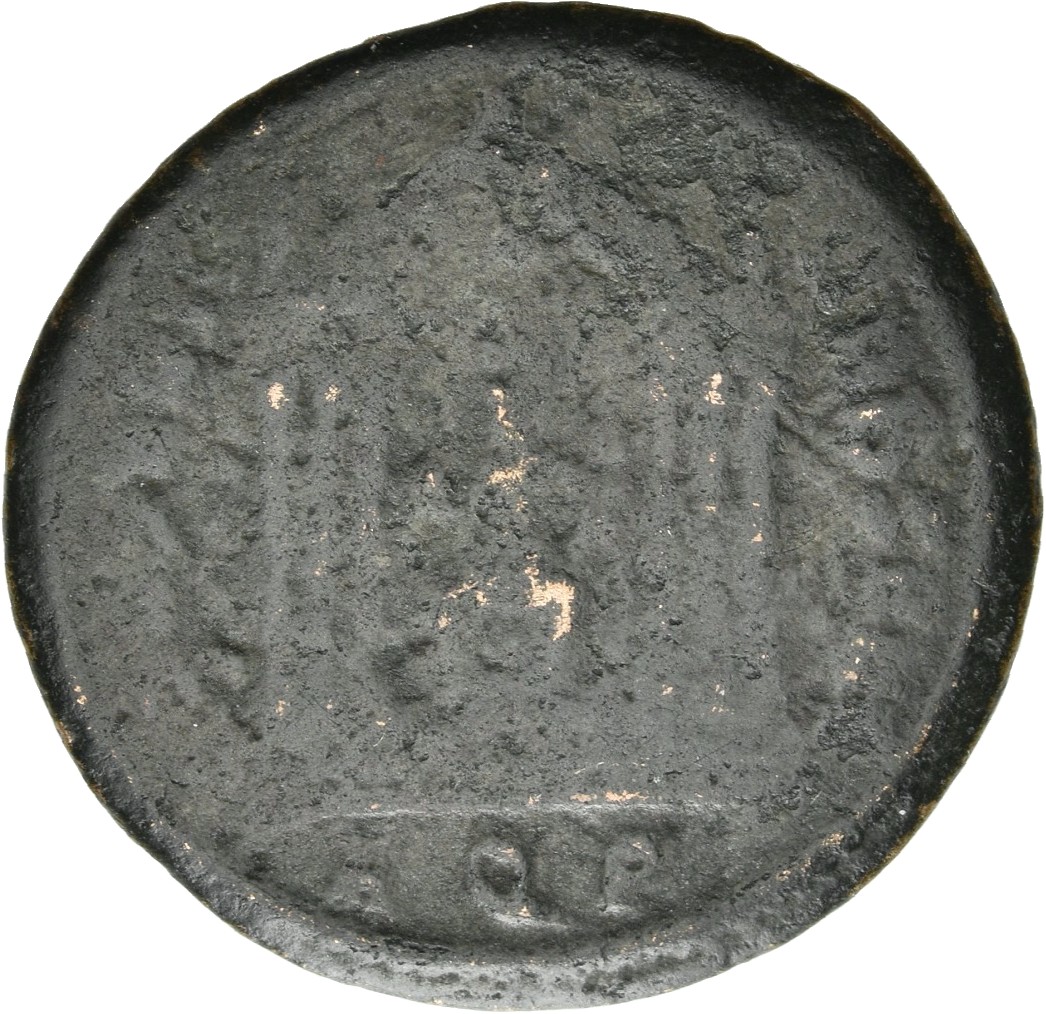 RIC VI Aquileia 124 Maxentius reverse — Roma, draped, seated front on shield, head left, in hexastyle temple, holding glob...