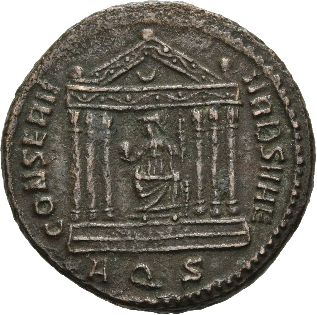 RIC VI Aquileia 125 Maxentius reverse, Roma, draped, seated front on shield, head left, in hexastyle temple, holding globe...