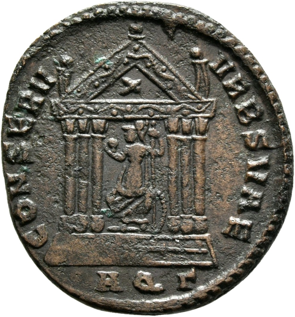 RIC VI Aquileia 125 Maxentius reverse — Roma, draped, seated front on shield, head left, in hexastyle temple, holding glob...