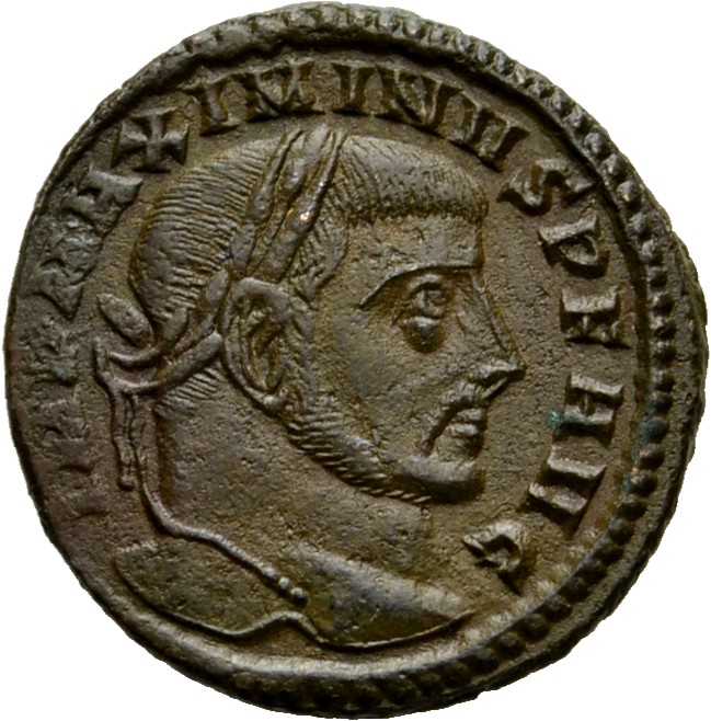 RIC VI Aquileia 130 Constantine I obverse — Head of Maximinus Daia, laureate, right