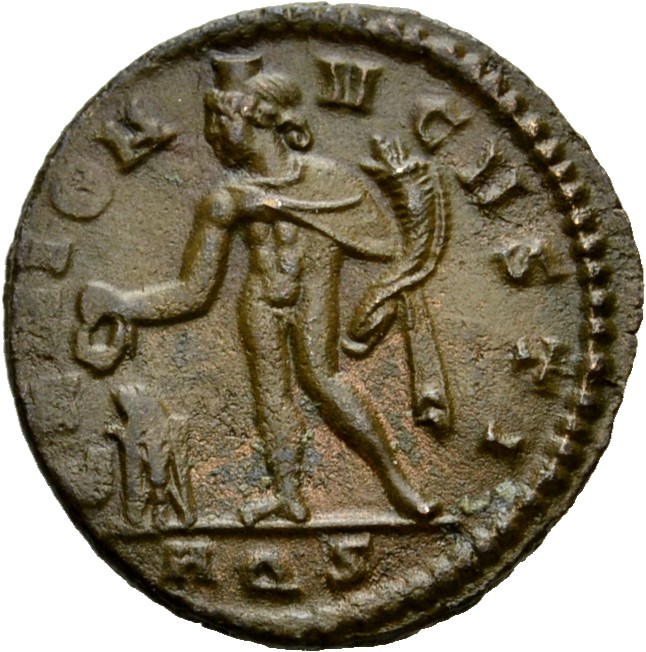 RIC VI Aquileia 130 Constantine I reverse — Genius, wearing modius, nude, chlamys draped over left shoulder, standing left...