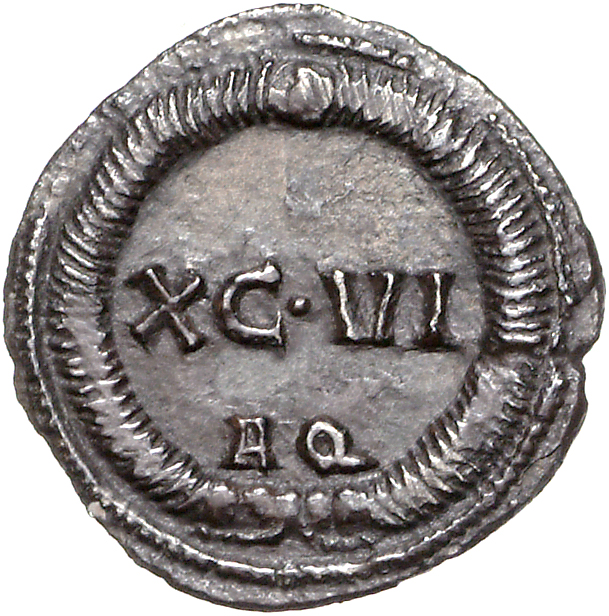 RIC VI Aquileia 17a Maximian reverse, XCVI / AQ within a wreath