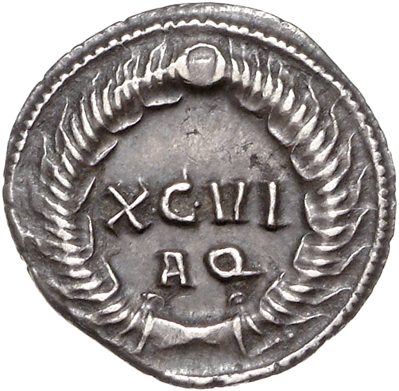 RIC VI Aquileia 17b Maximian reverse, XCVI / AQ within a wreath