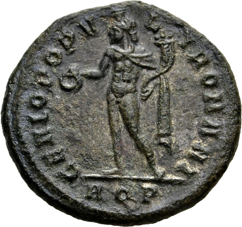 RIC VI Aquileia 22a Maximian reverse, Genius, wearing modius, nude, chlamys draped over left shoulder, standing left, hold...