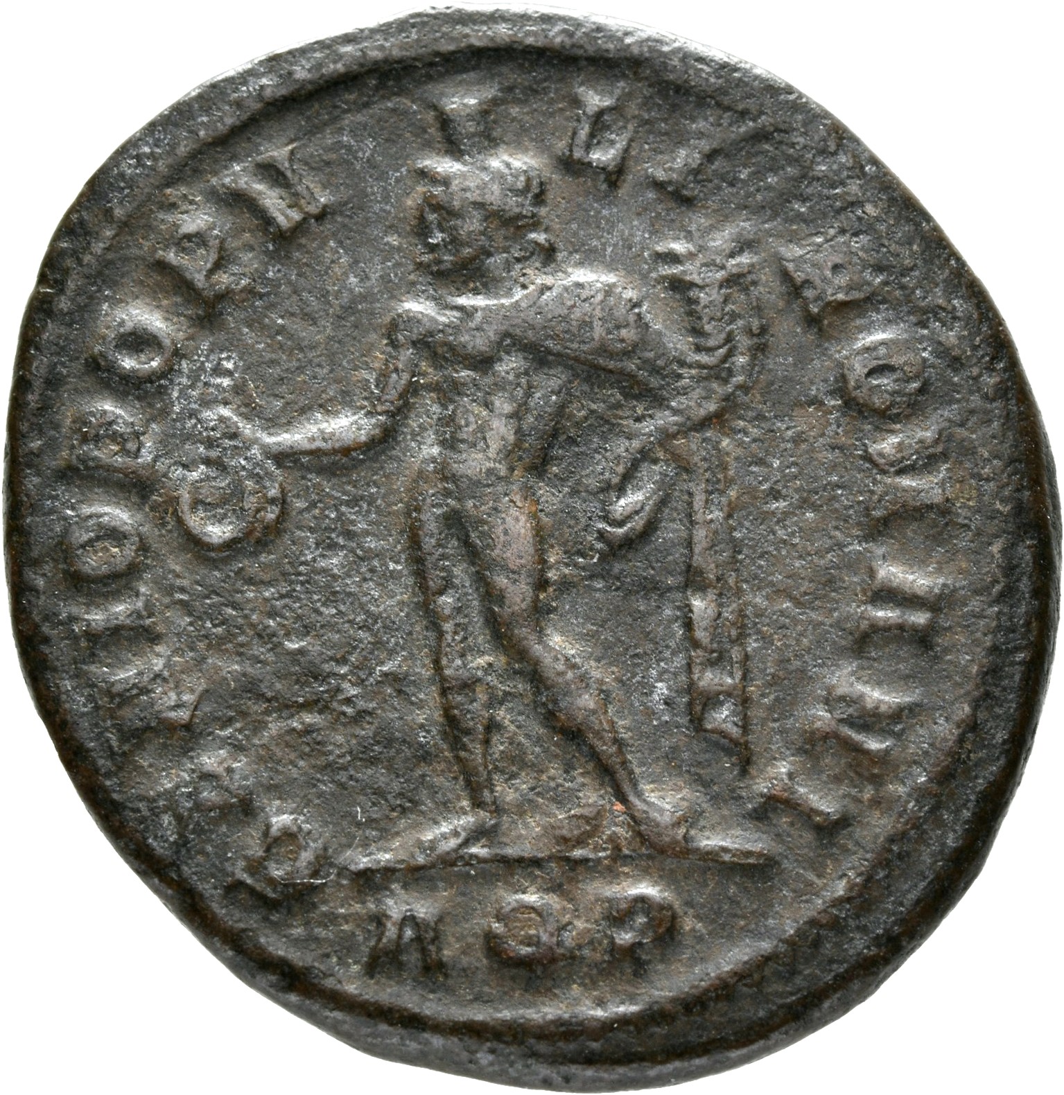 RIC VI Aquileia 23a Maximian reverse, Genius, wearing modius, nude, chlamys draped over left shoulder, standing left, hold...