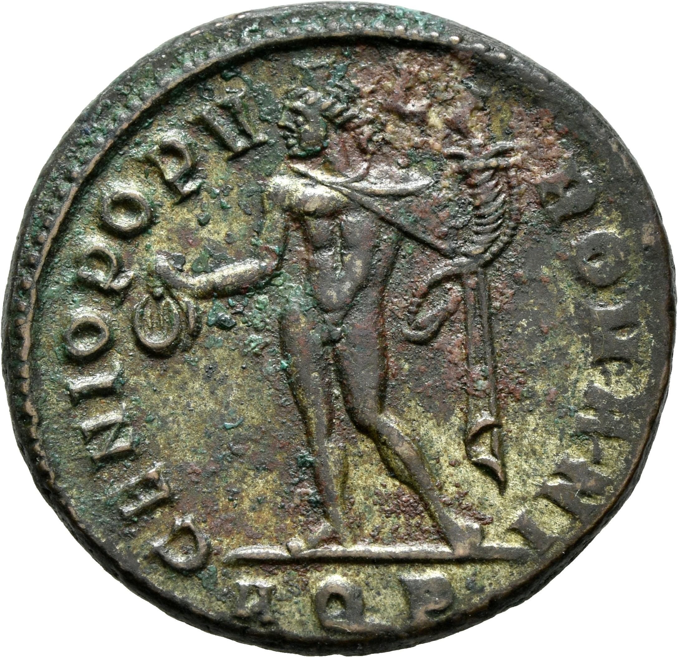 RIC VI Aquileia 23a Maximian reverse — Genius, wearing modius, nude, chlamys draped over left shoulder, standing left, hol...