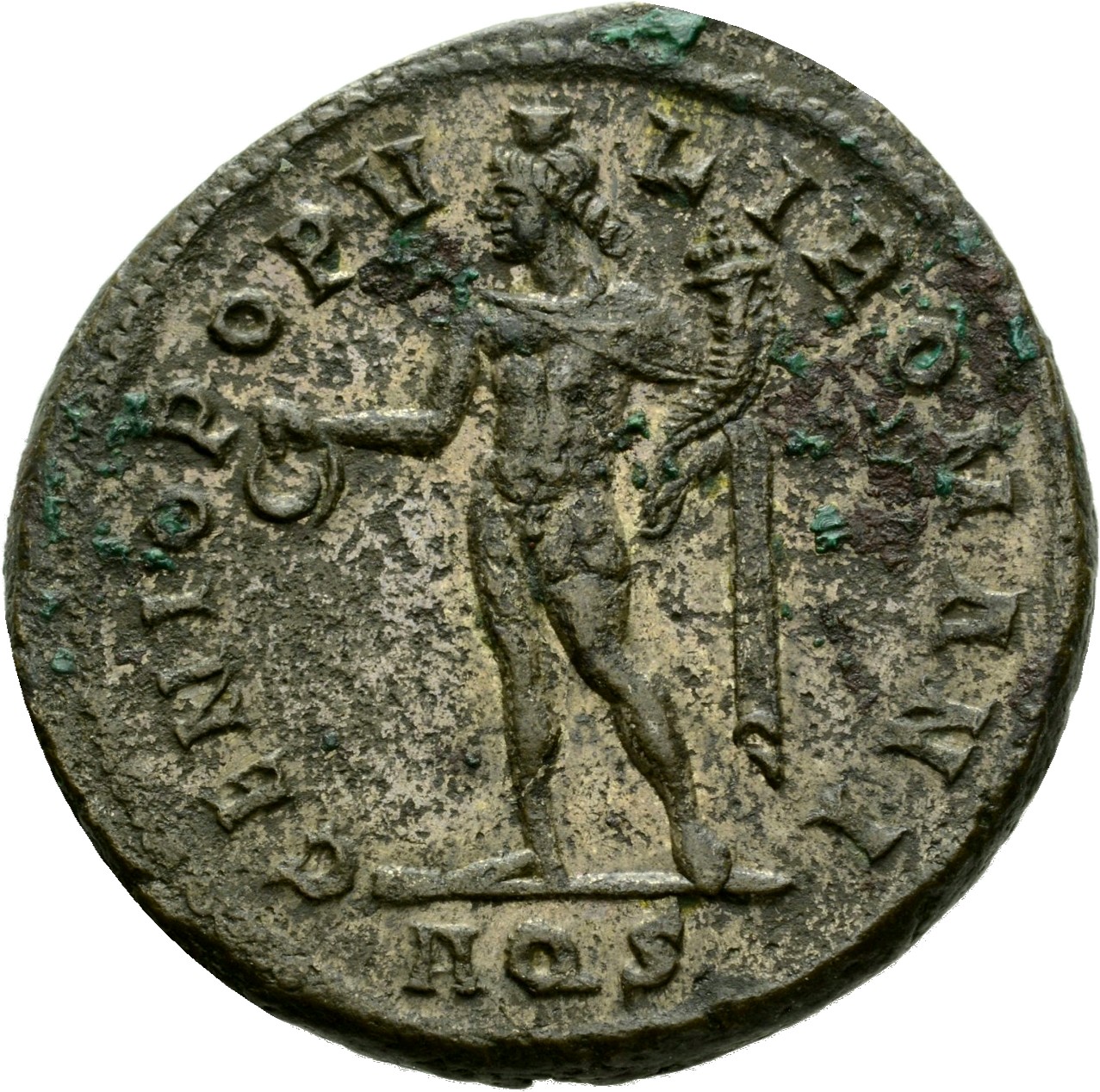 RIC VI Aquileia 23b Maximian reverse, Genius, wearing modius, nude, chlamys draped over left shoulder, standing left, hold...