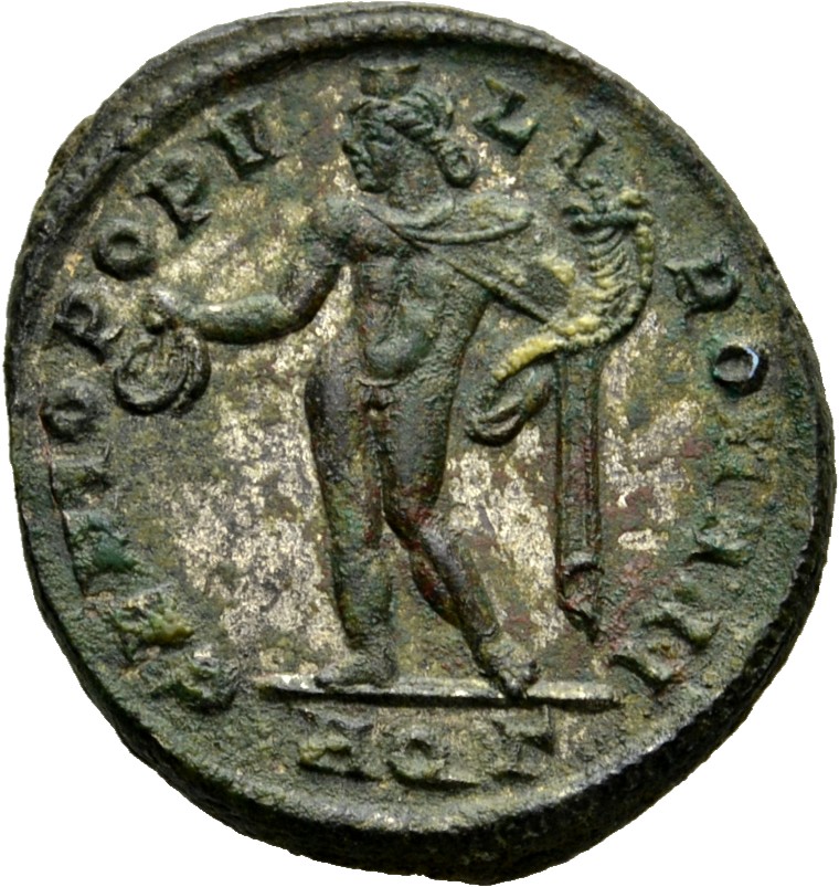 RIC VI Aquileia 24a Maximian reverse, Genius, wearing modius, nude, chlamys draped over left shoulder, standing left, hold...