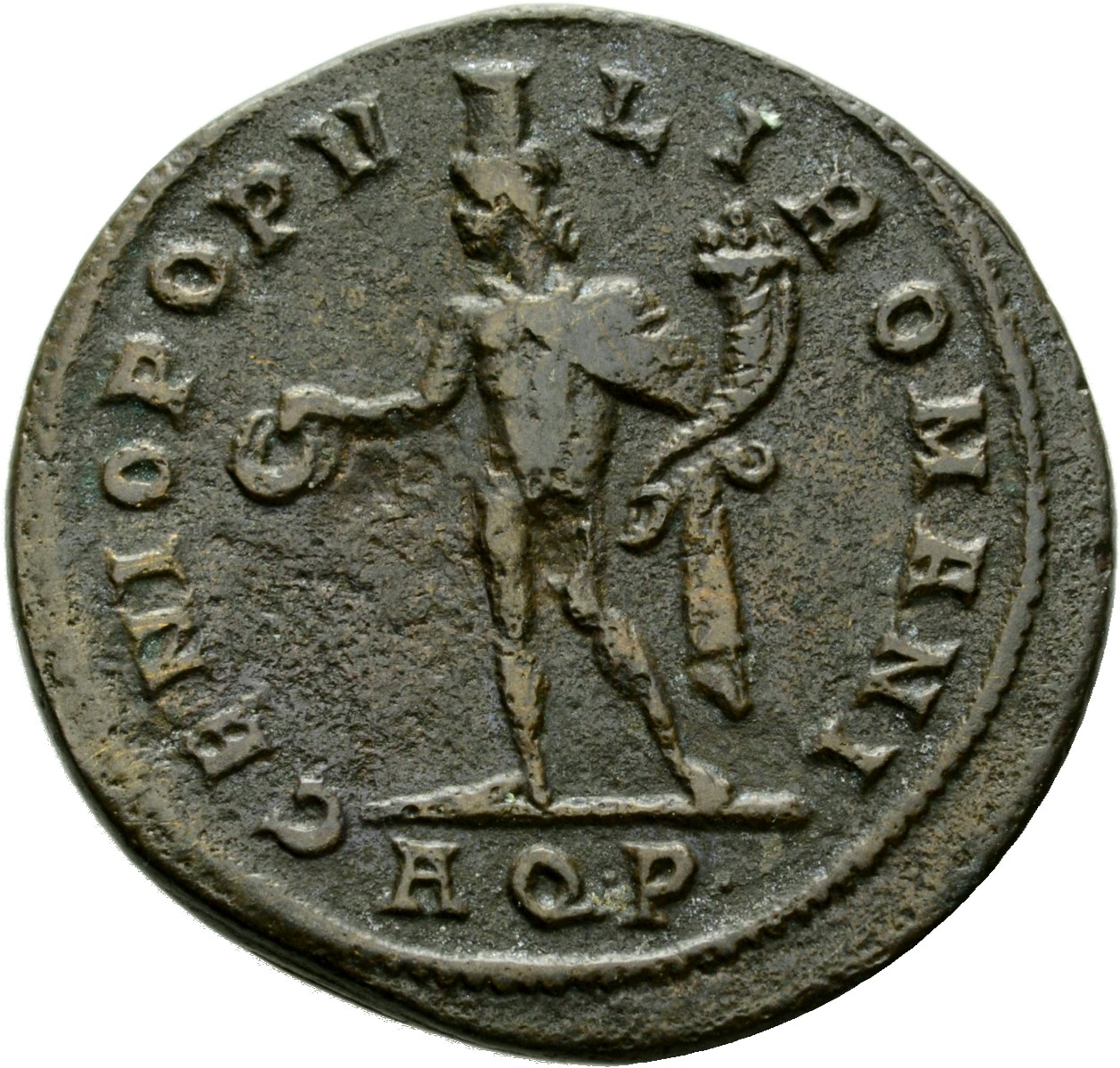 RIC VI Aquileia 24b Maximian reverse, Genius, wearing modius, nude, chlamys draped over left shoulder, standing left, hold...