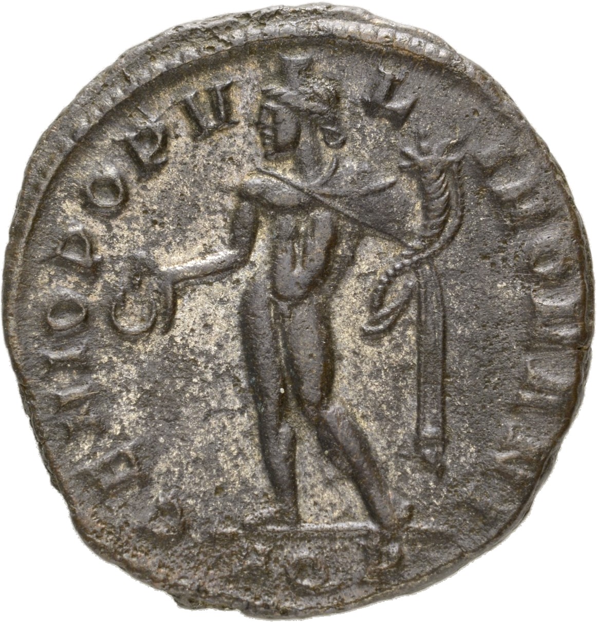 RIC VI Aquileia 25b Maximian reverse, Genius, wearing modius, nude, chlamys draped over left shoulder, standing left, hold...