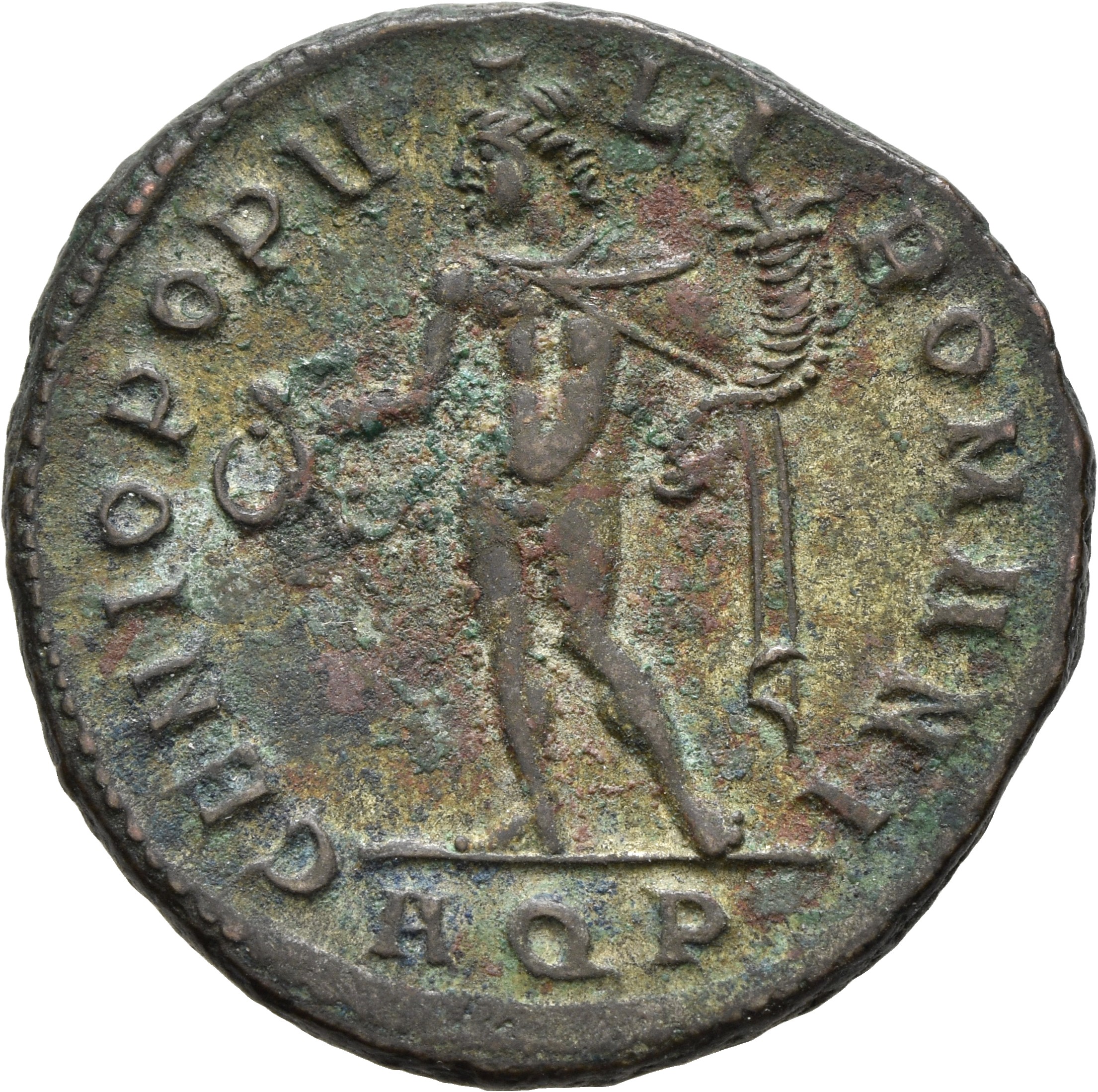 RIC VI Aquileia 25b Maximian reverse — Genius, wearing modius, nude, chlamys draped over left shoulder, standing left, hol...