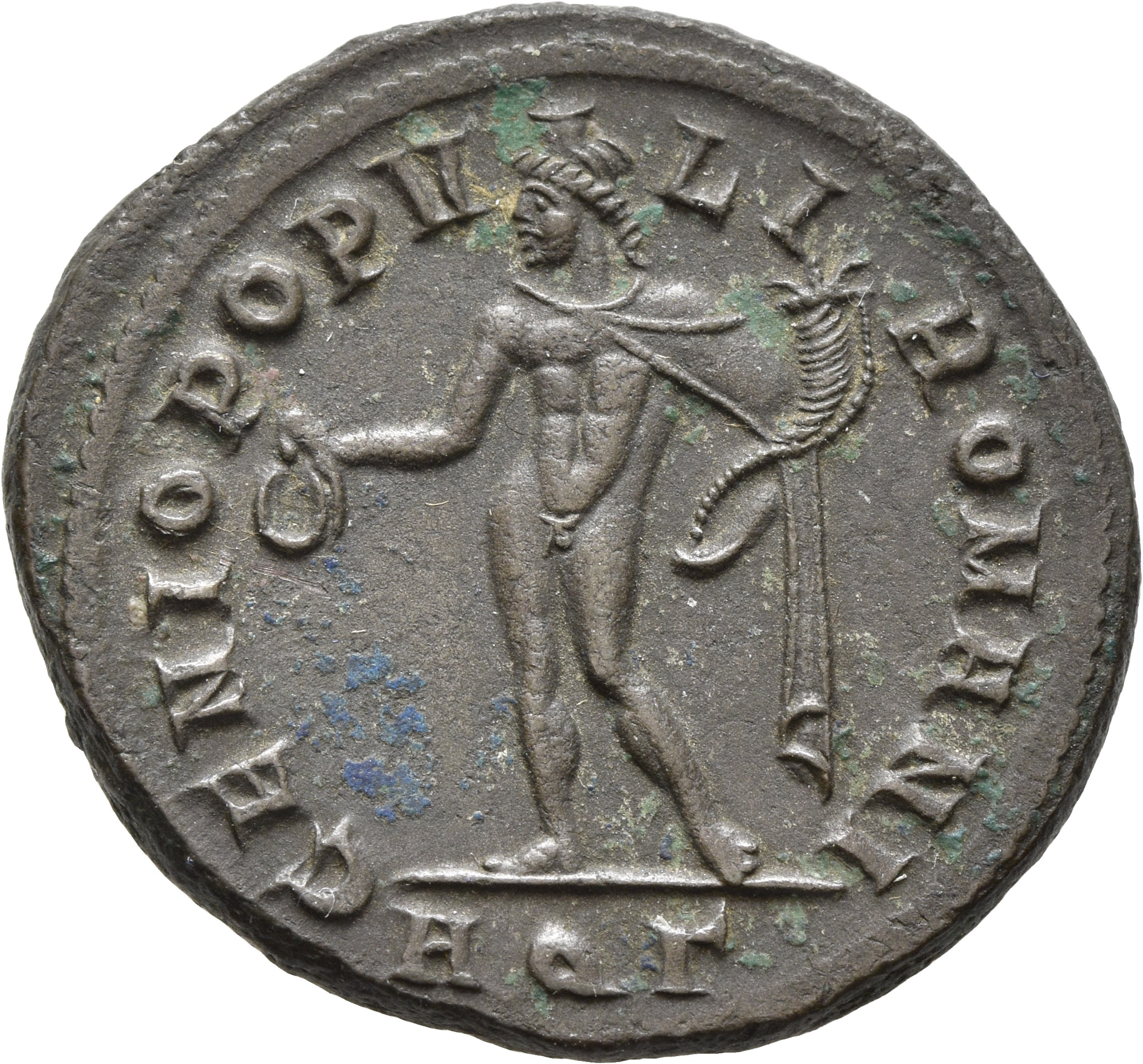 RIC VI Aquileia 26a Maximian reverse, Genius, wearing modius, nude, chlamys draped over left shoulder, standing left, hold...