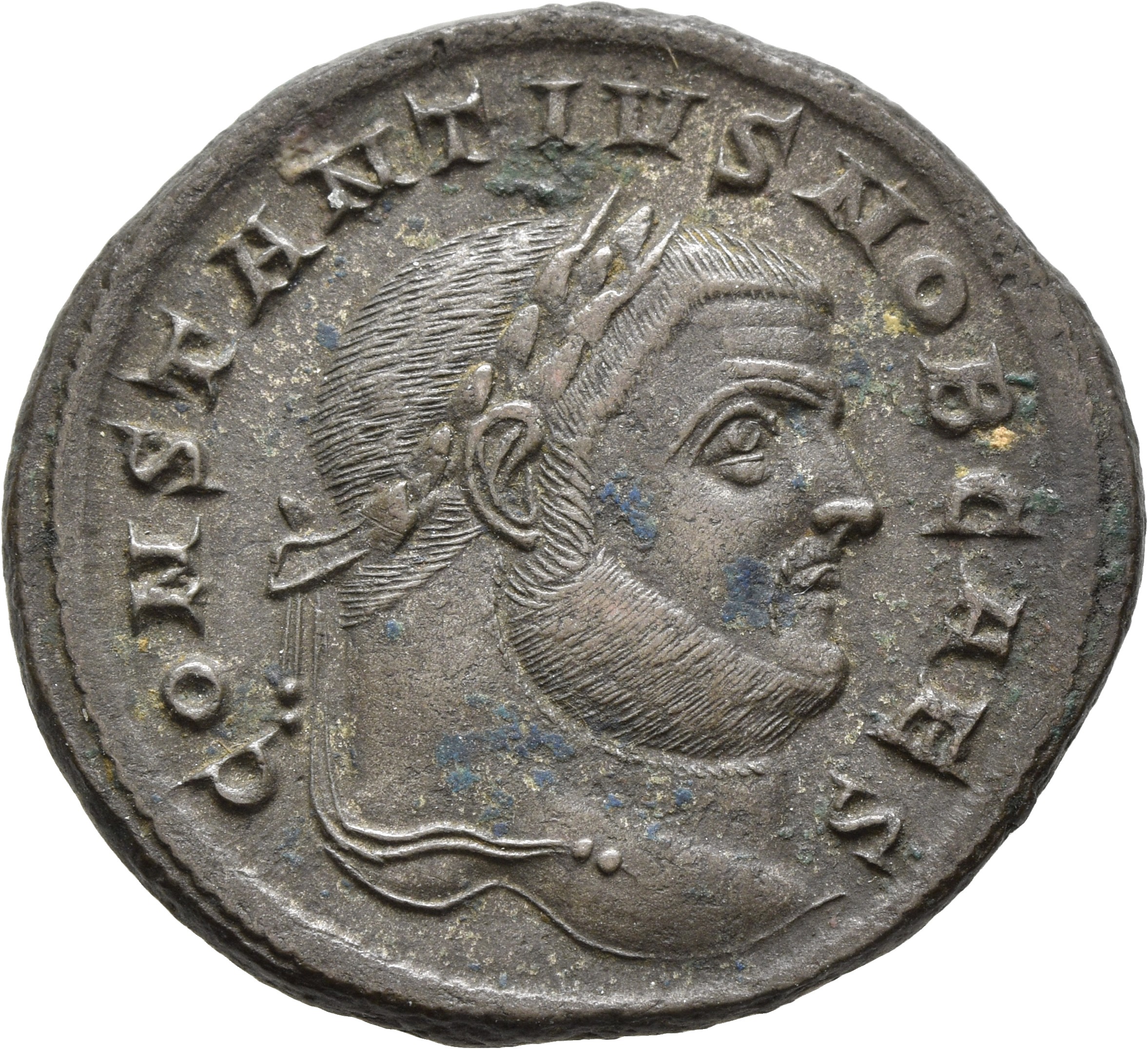 RIC VI Aquileia 26a Maximian obverse, Head of Constantius Chlorus, laureate, right