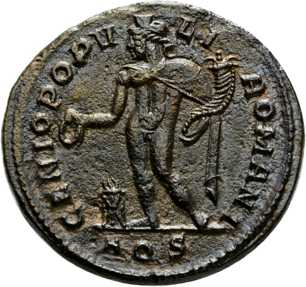 RIC VI Aquileia 27b Maximian reverse, Genius, wearing modius, nude, chlamys draped over right shoulder, standing left, hol...