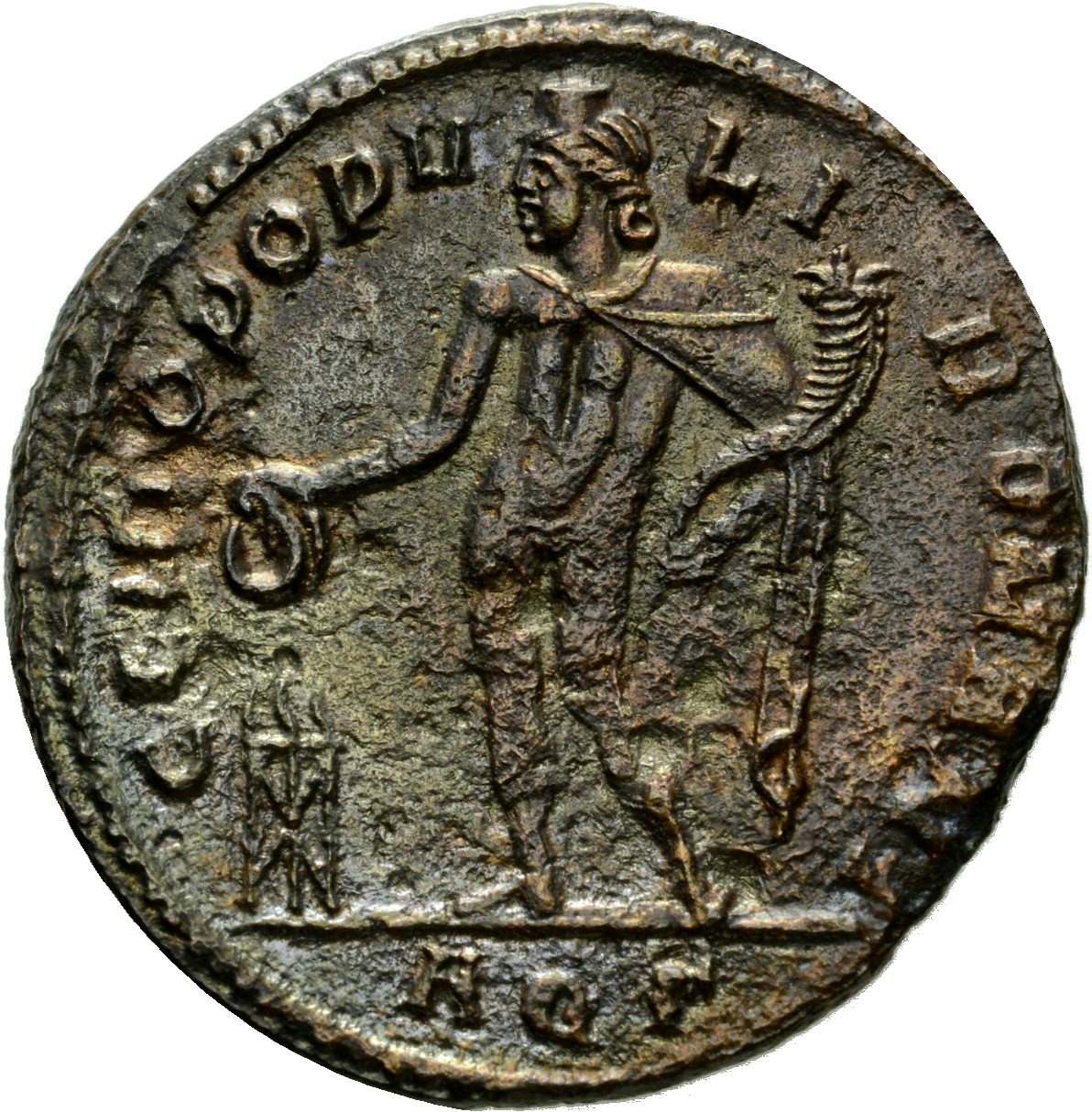 RIC VI Aquileia 28b Maximian reverse, Genius, wearing modius, nude, chlamys draped over right shoulder, standing left, hol...