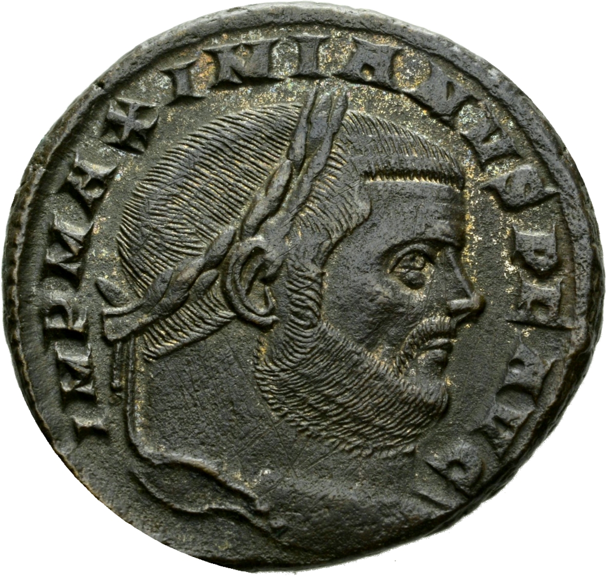 RIC VI Aquileia 29b Maximian obverse, Head of Maximian, laureate, right