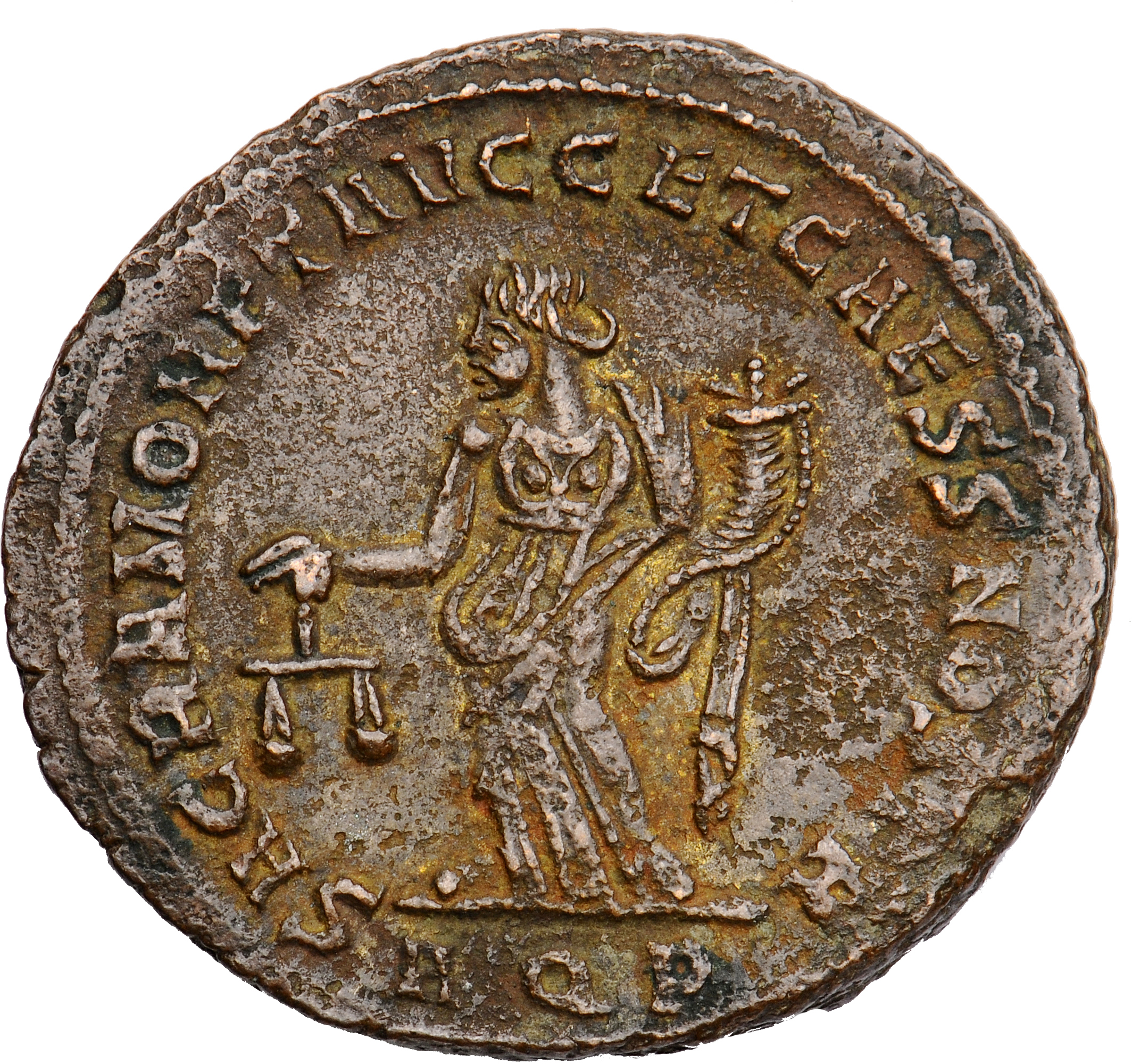 RIC VI Aquileia 29b Maximian reverse, Moneta, draped, standing left, holding scales in right hand and cornucopiae in left ...