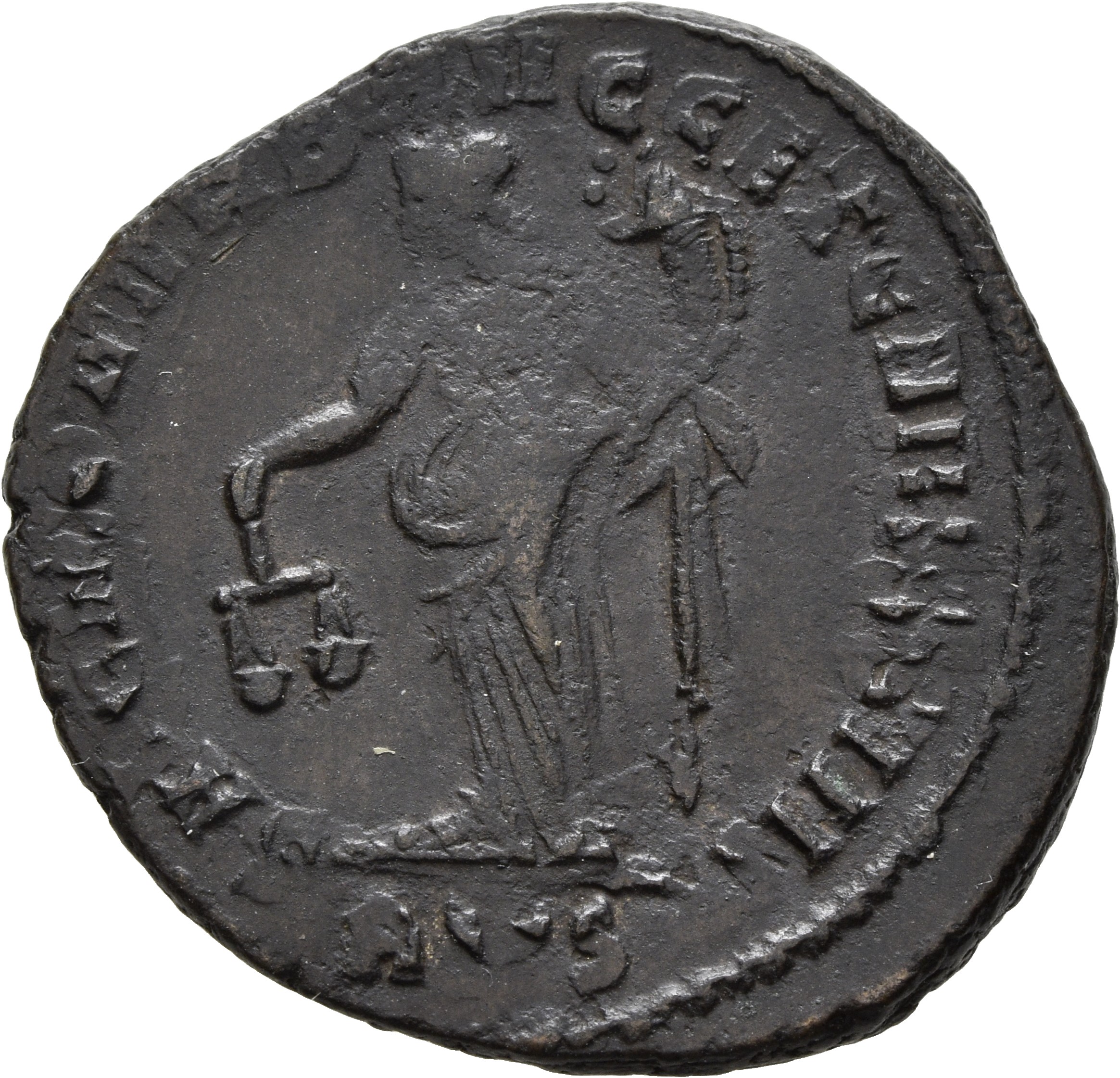 RIC VI Aquileia 29b Maximian reverse — Moneta, draped, standing left, holding scales in right hand and cornucopiae in left...