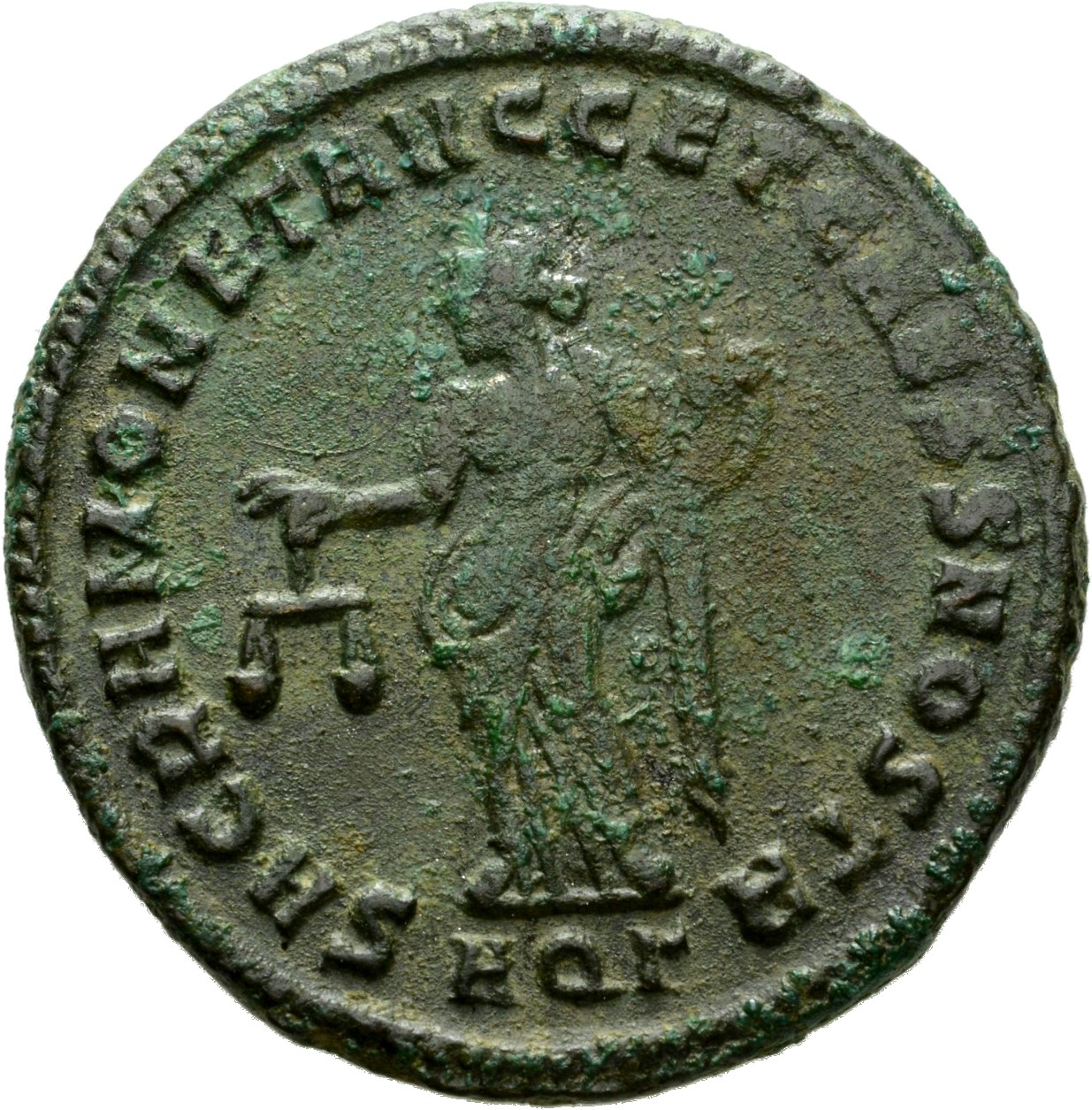 RIC VI Aquileia 30b Maximian reverse, Moneta, draped, standing left, holding scales in right hand and cornucopiae in left ...