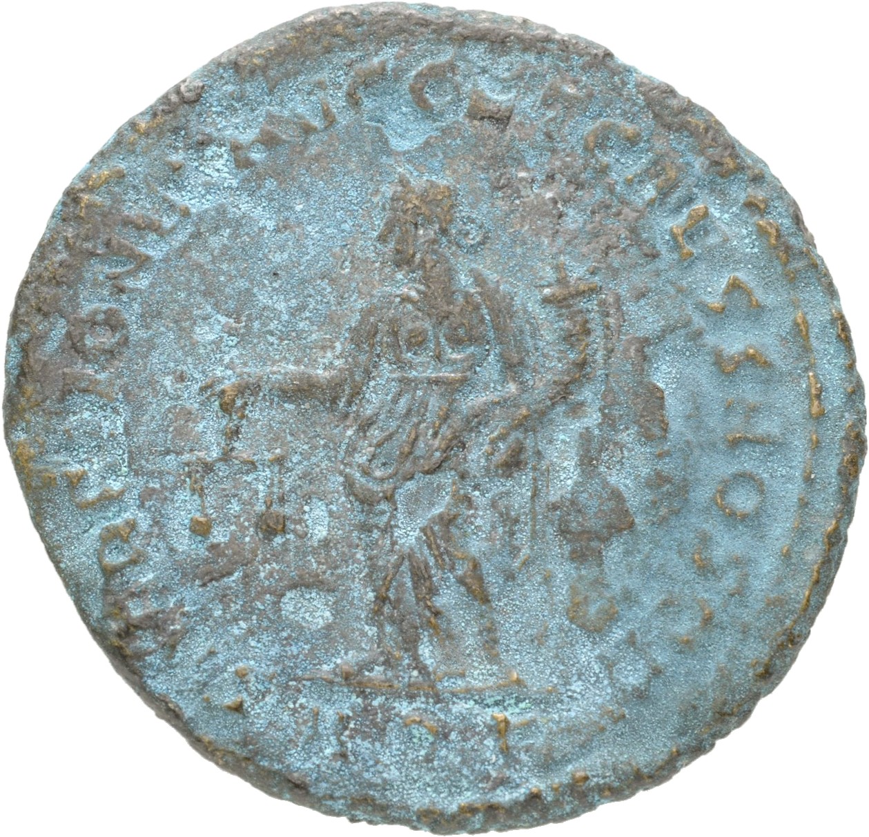 RIC VI Aquileia 30b Maximian reverse — Moneta, draped, standing left, holding scales in right hand and cornucopiae in left...