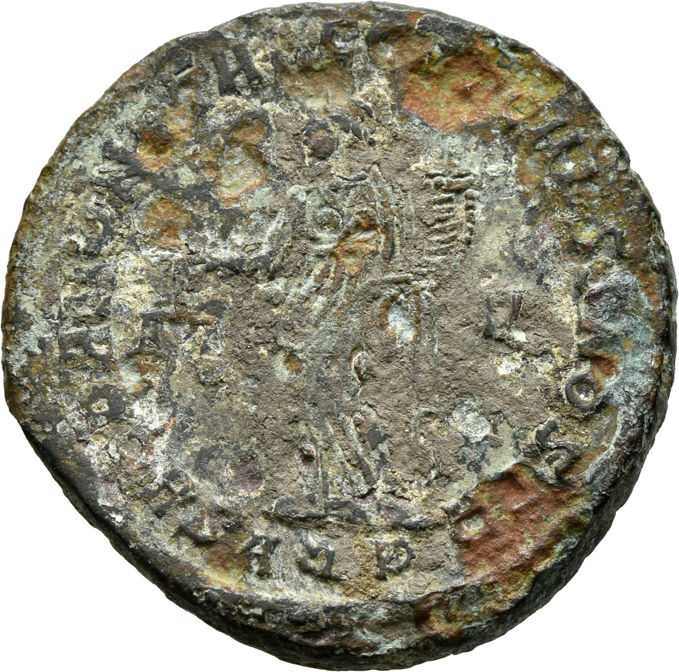 RIC VI Aquileia 31a Maximian reverse, Moneta, draped, standing left, holding scales in right hand and cornucopiae in left ...