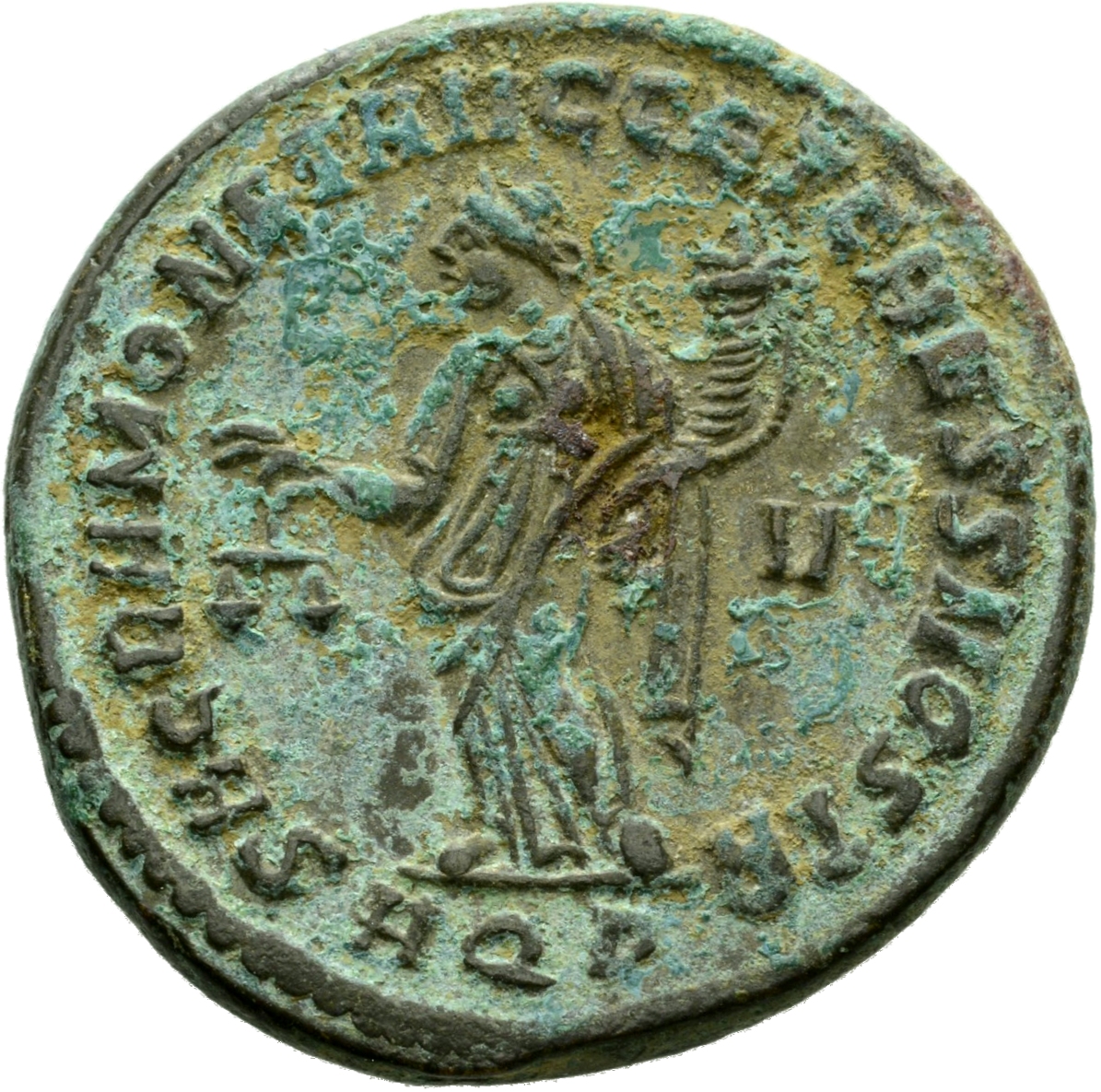 RIC VI Aquileia 31b Maximian reverse, Moneta, draped, standing left, holding scales in right hand and cornucopiae in left ...
