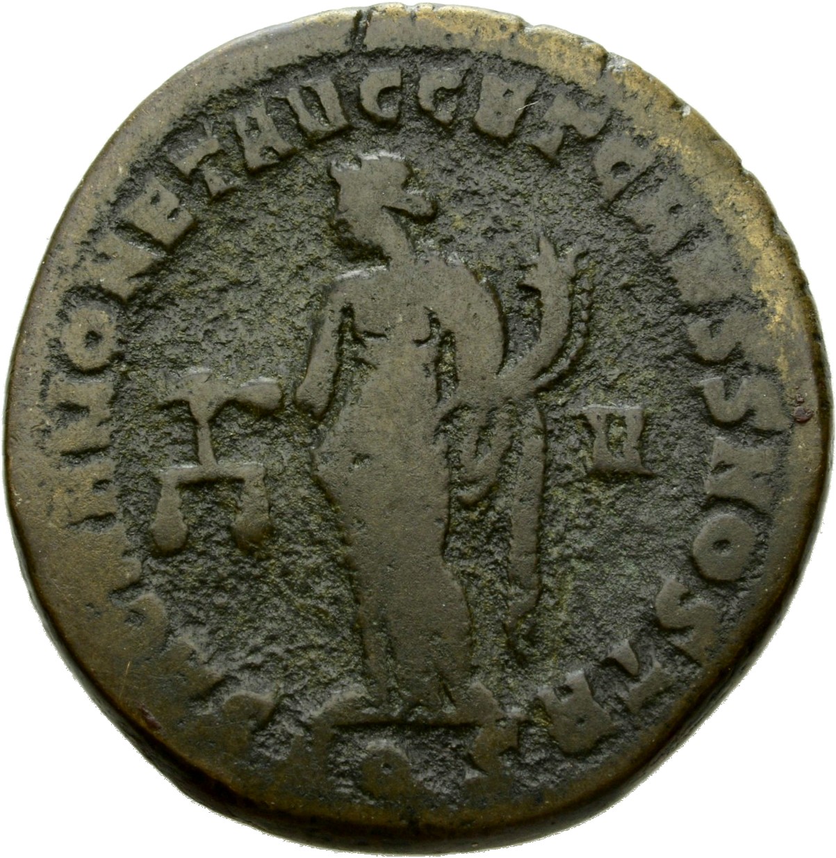 RIC VI Aquileia 31b Maximian reverse — Moneta, draped, standing left, holding scales in right hand and cornucopiae in left...