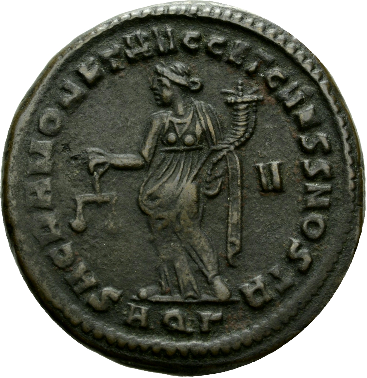 RIC VI Aquileia 32a Maximian reverse, Moneta, draped, standing left, holding scales in right hand and cornucopiae in left ...