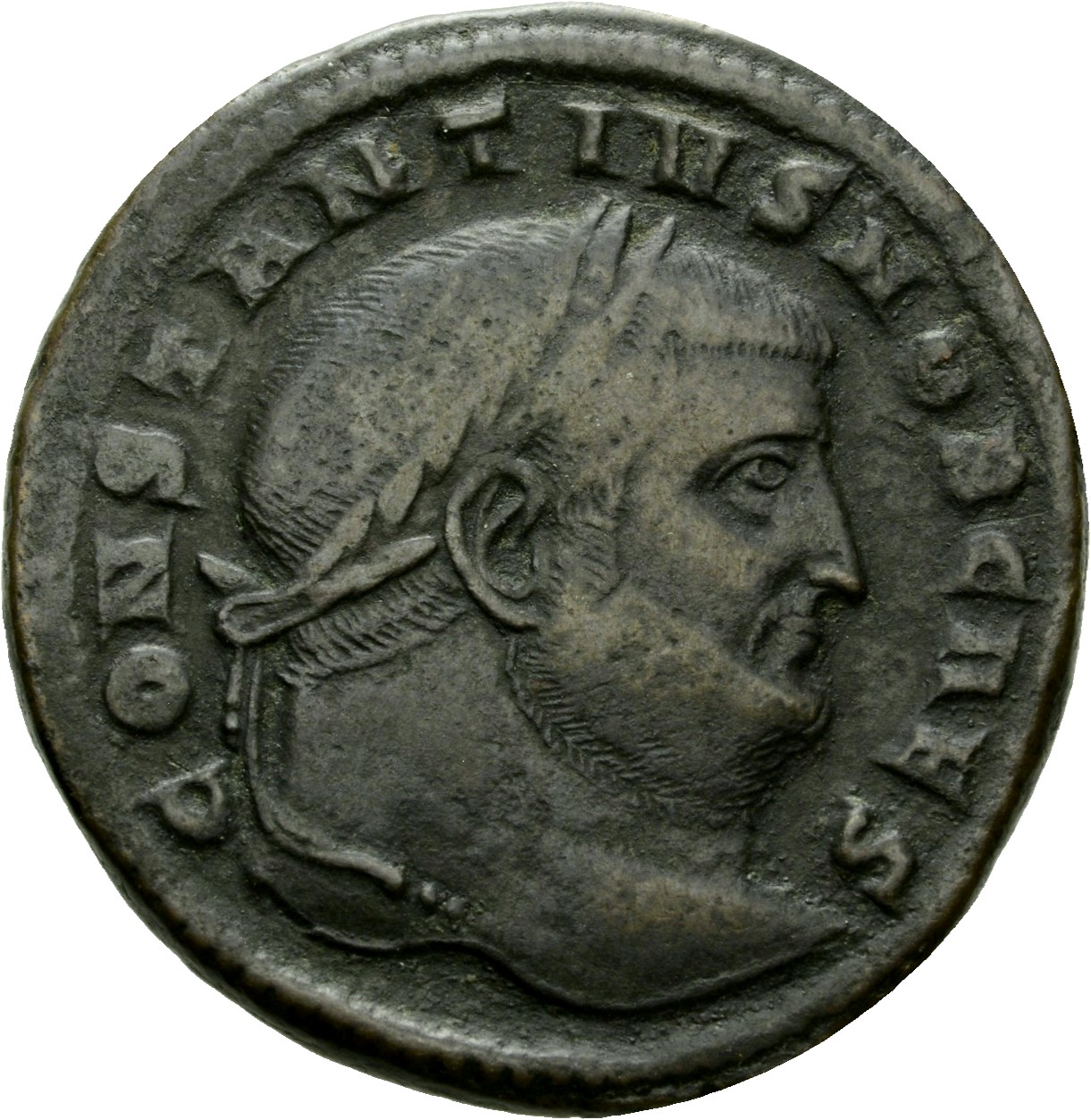 RIC VI Aquileia 32a Maximian obverse, Head of Constantius Chlorus, laureate, right
