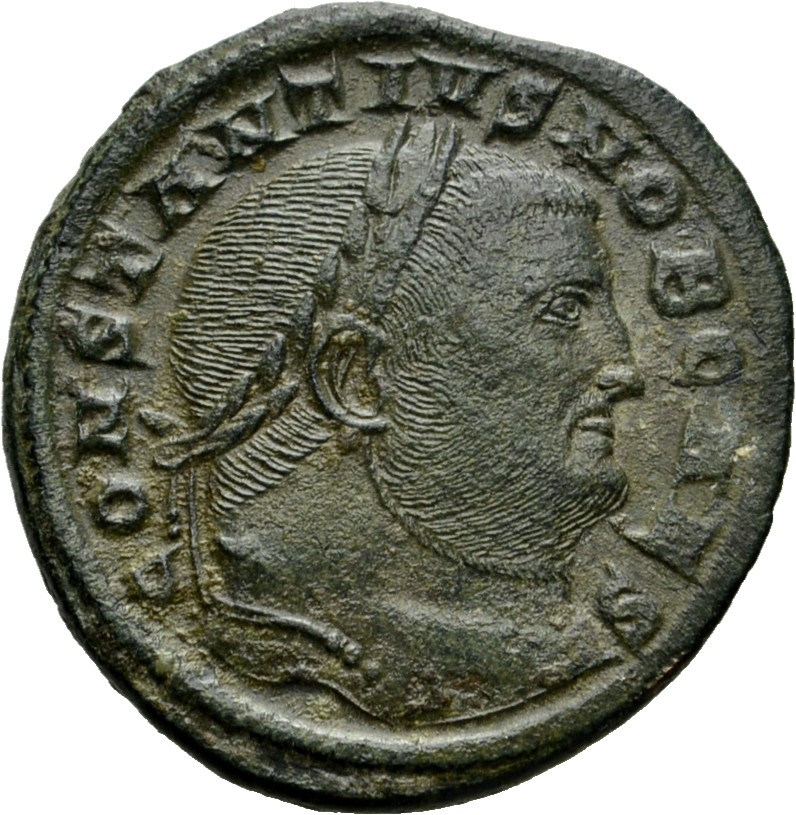 RIC VI Aquileia 32a Maximian obverse — Head of Constantius Chlorus, laureate, right