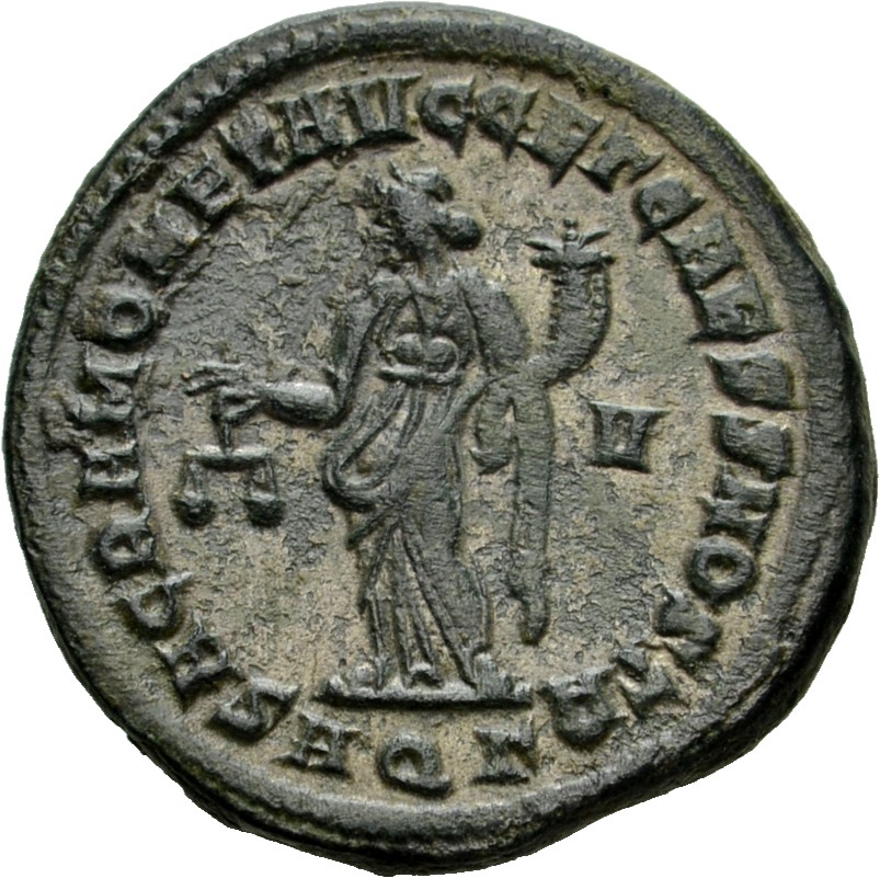 RIC VI Aquileia 32a Maximian reverse — Moneta, draped, standing left, holding scales in right hand and cornucopiae in left...