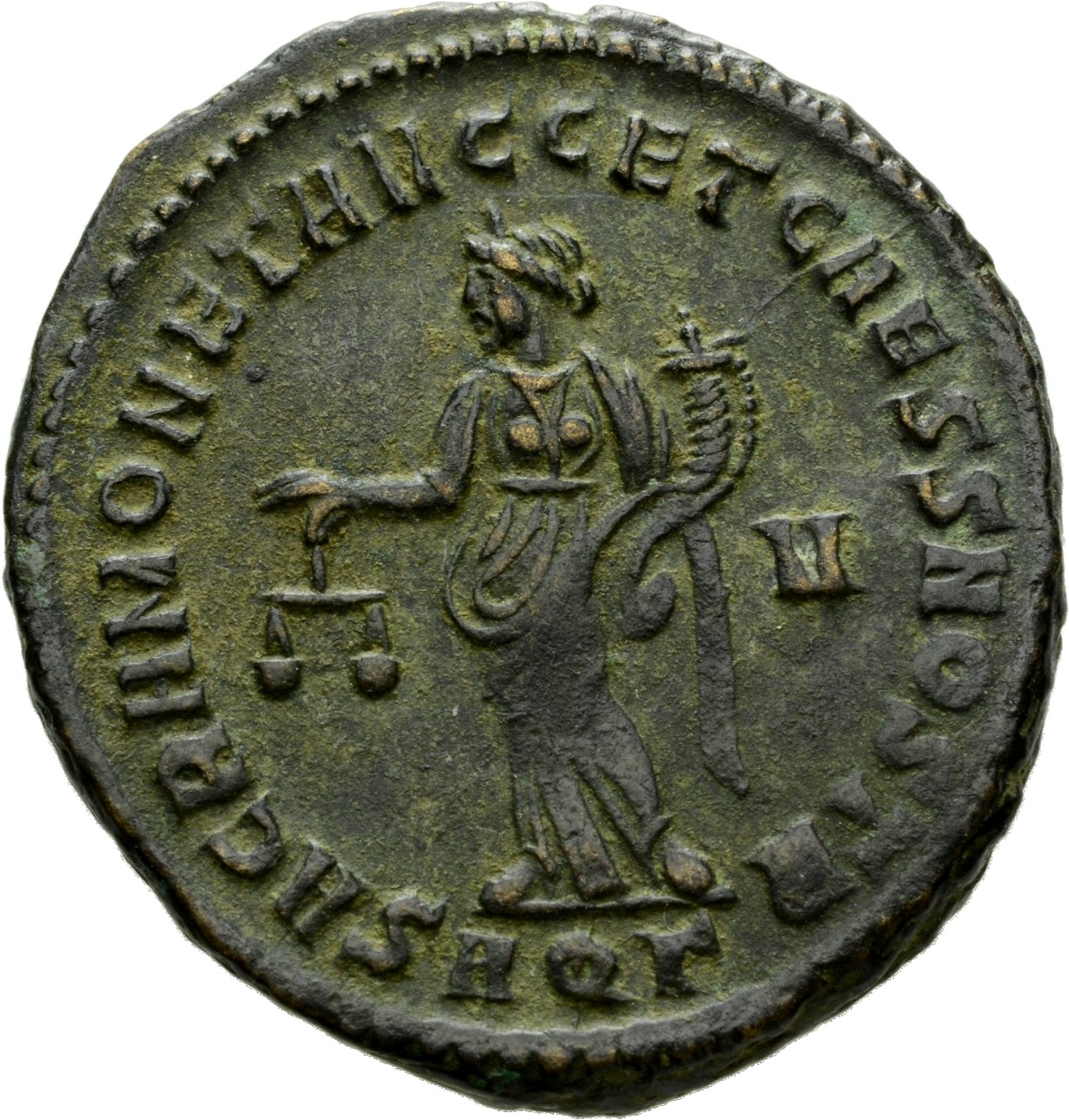 RIC VI Aquileia 32b Maximian reverse, Moneta, draped, standing left, holding scales in right hand and cornucopiae in left ...