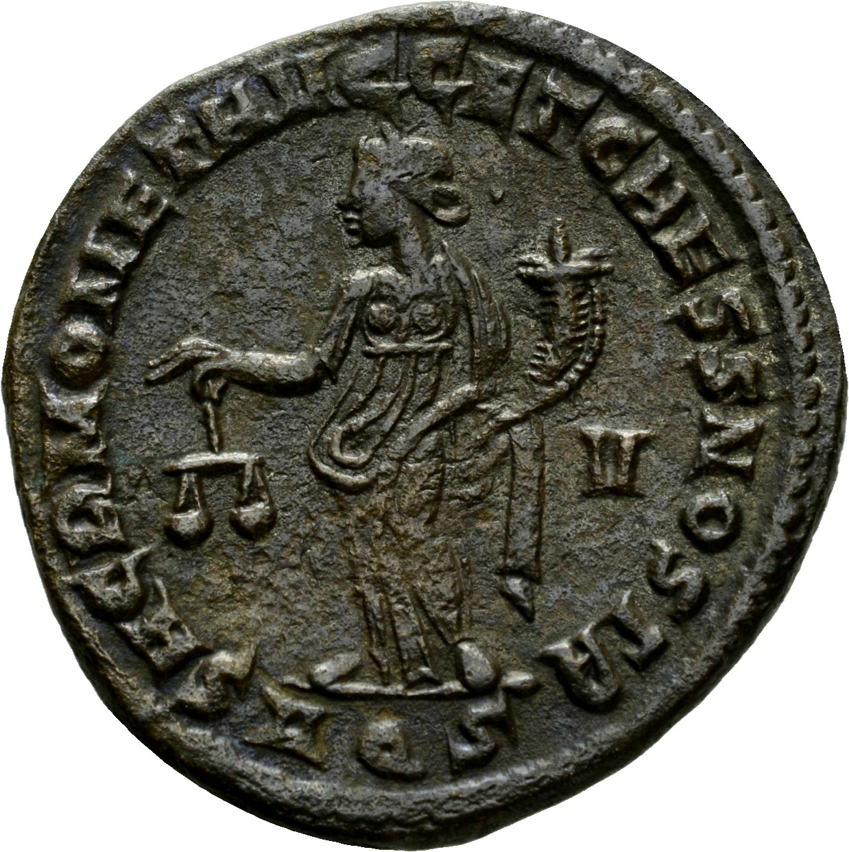 RIC VI Aquileia 33b Maximian reverse, Moneta, draped, standing left, holding scales in right hand and cornucopiae in left ...